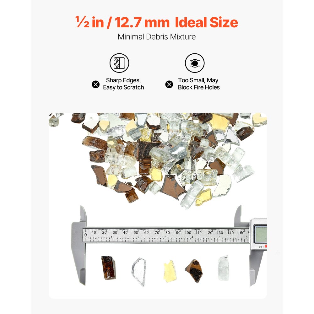 Szkło ognioodporne VEVOR, 4,5 kg, kamienie szklane, odblaskowe koraliki szklane do palenisk o średnicy 12,7 mm, kamienie szklane do palenisk, szkło kominkowe, kryształ ogniowy, koraliki ogniowe, do kominków gazowych, złoty, przezroczysty, kolor miedziany