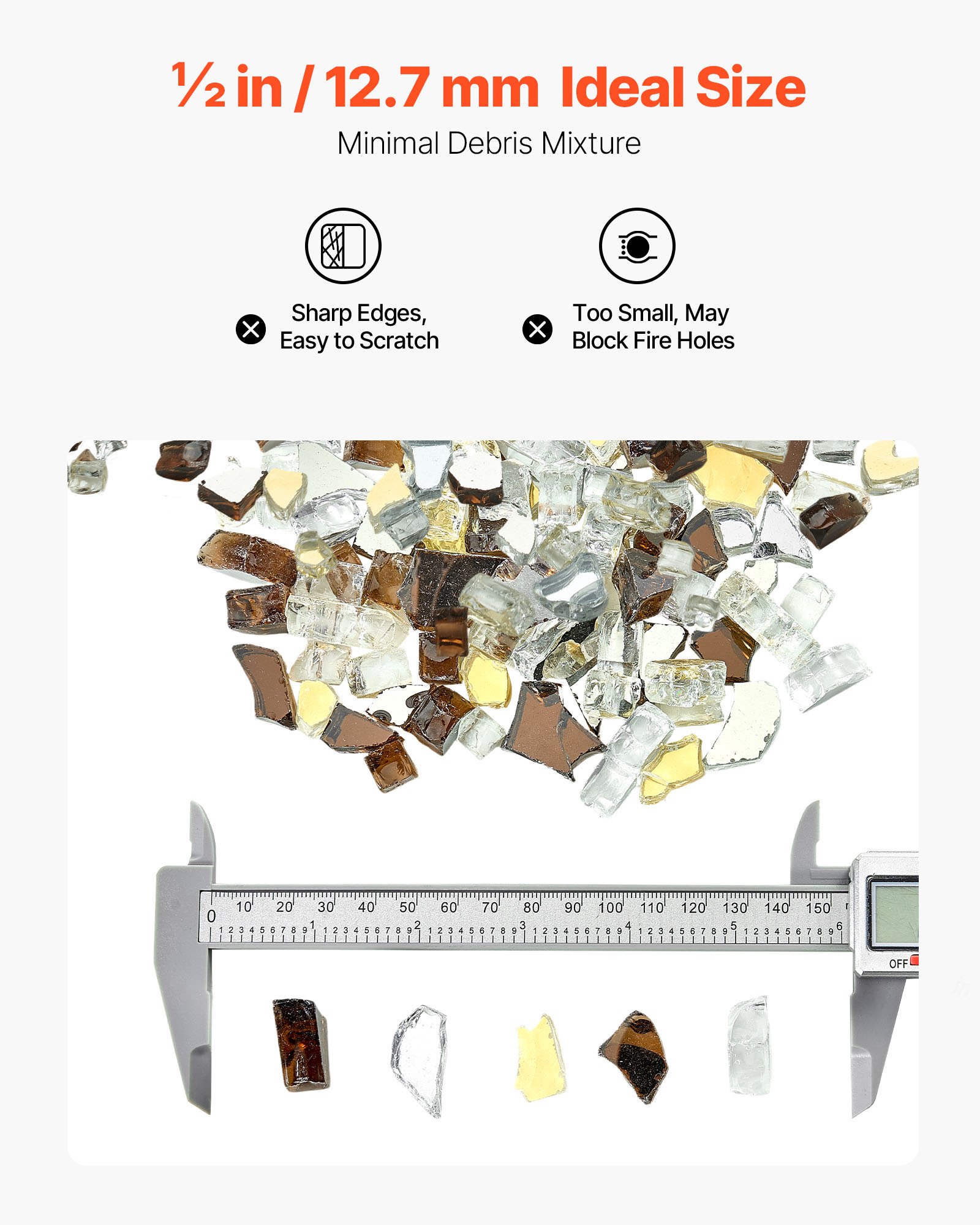 Szkło ognioodporne VEVOR, 4,5 kg, kamienie szklane, odblaskowe koraliki szklane do palenisk o średnicy 12,7 mm, kamienie szklane do palenisk, szkło kominkowe, kryształ ogniowy, koraliki ogniowe, do kominków gazowych, złoty, przezroczysty, kolor miedziany