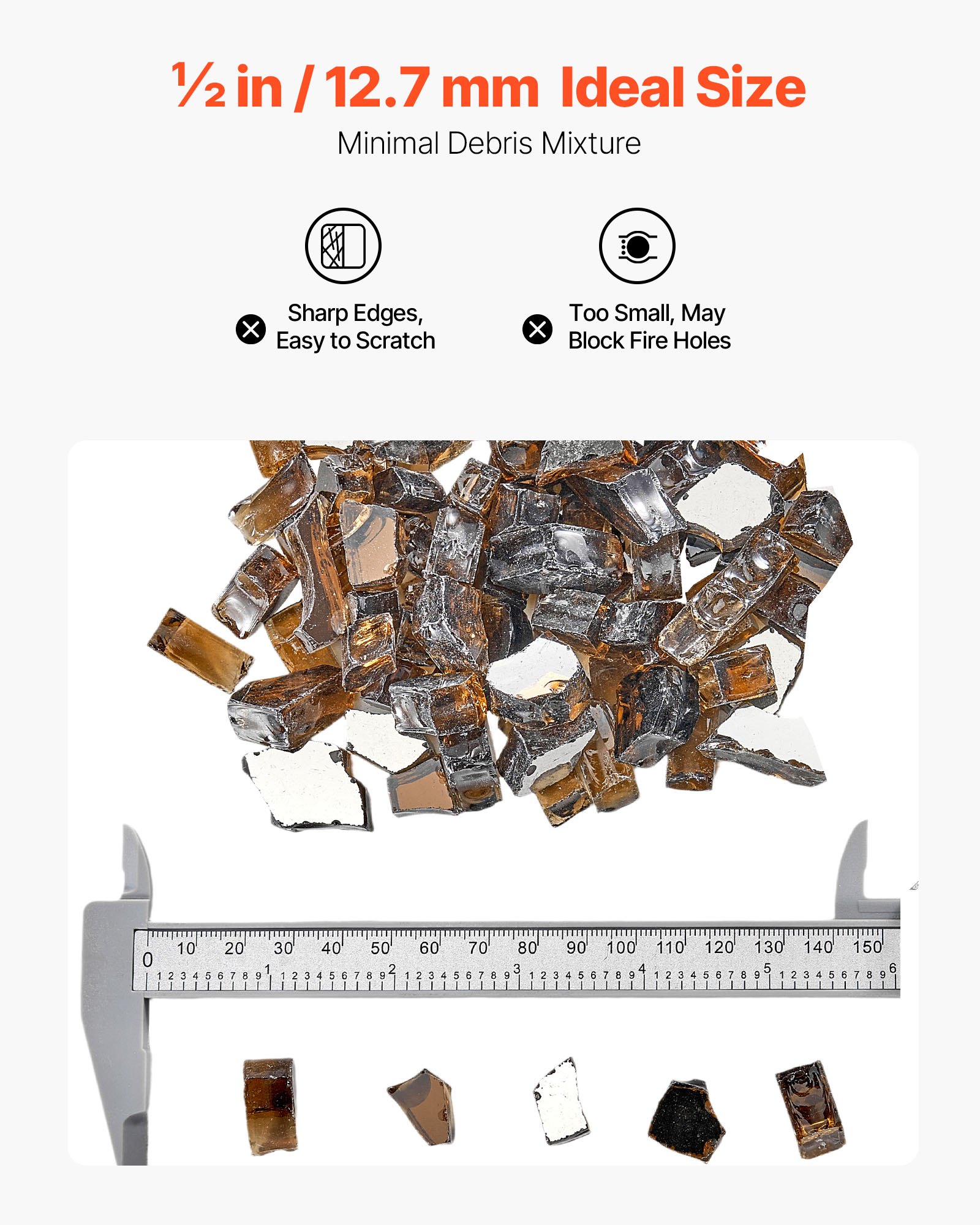 Szkło ognioodporne VEVOR, 4,5 kg, kamienie szklane, odblaskowe szklane kulki do palenisk o średnicy 12,7 mm, kamienie szklane do palenisk, szkło kominkowe, kryształ ogniowy, koraliki ogniowe, kamienie dekoracyjne do kominków gazowych, kolor miedziany