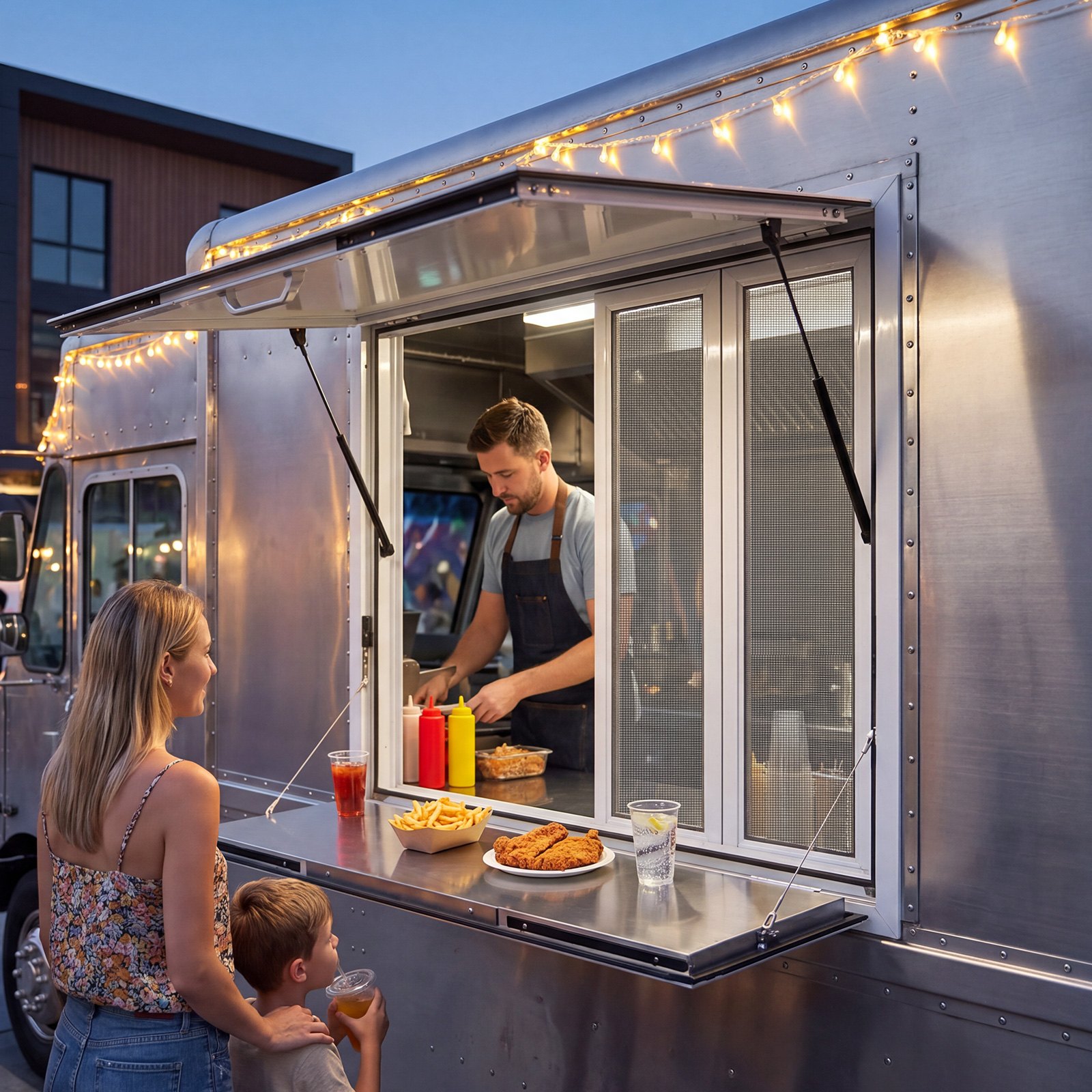 Okno sprzedażowe do food trucków VEVOR 915 x 915 x 110 mm, stop aluminium, okno koncesyjne z ochroną przed deszczem, otwierane do 85°, składana półka, z 4 przesuwanymi moskitierami i hakami holowniczymi
