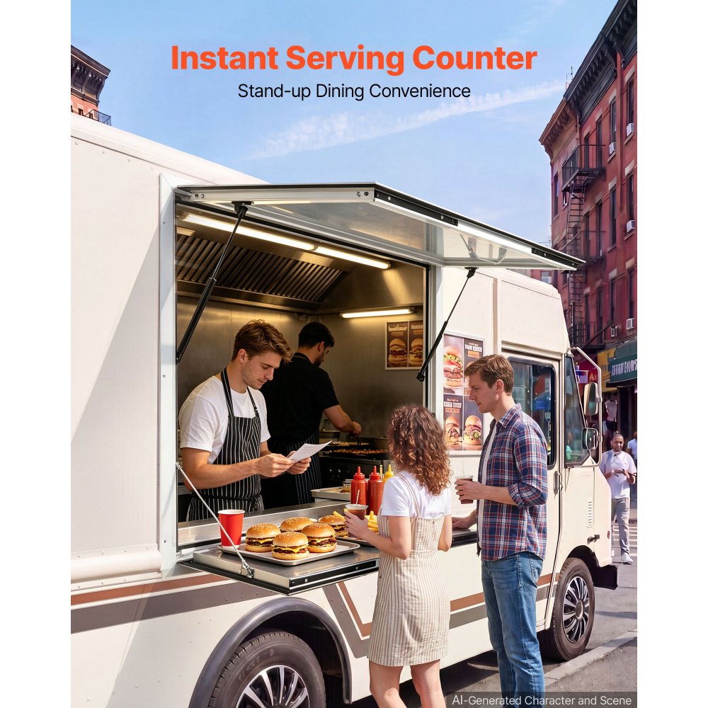 Okno sprzedażowe VEVOR do food trucków, 915 x 915 x 80 mm, ze stopu aluminium, okno sprzedażowe do food trucków, otwierane do 85°, z klapką sprzedażową, półką do serwowania i hakiem holowniczym, osłoną przeciwdeszczową