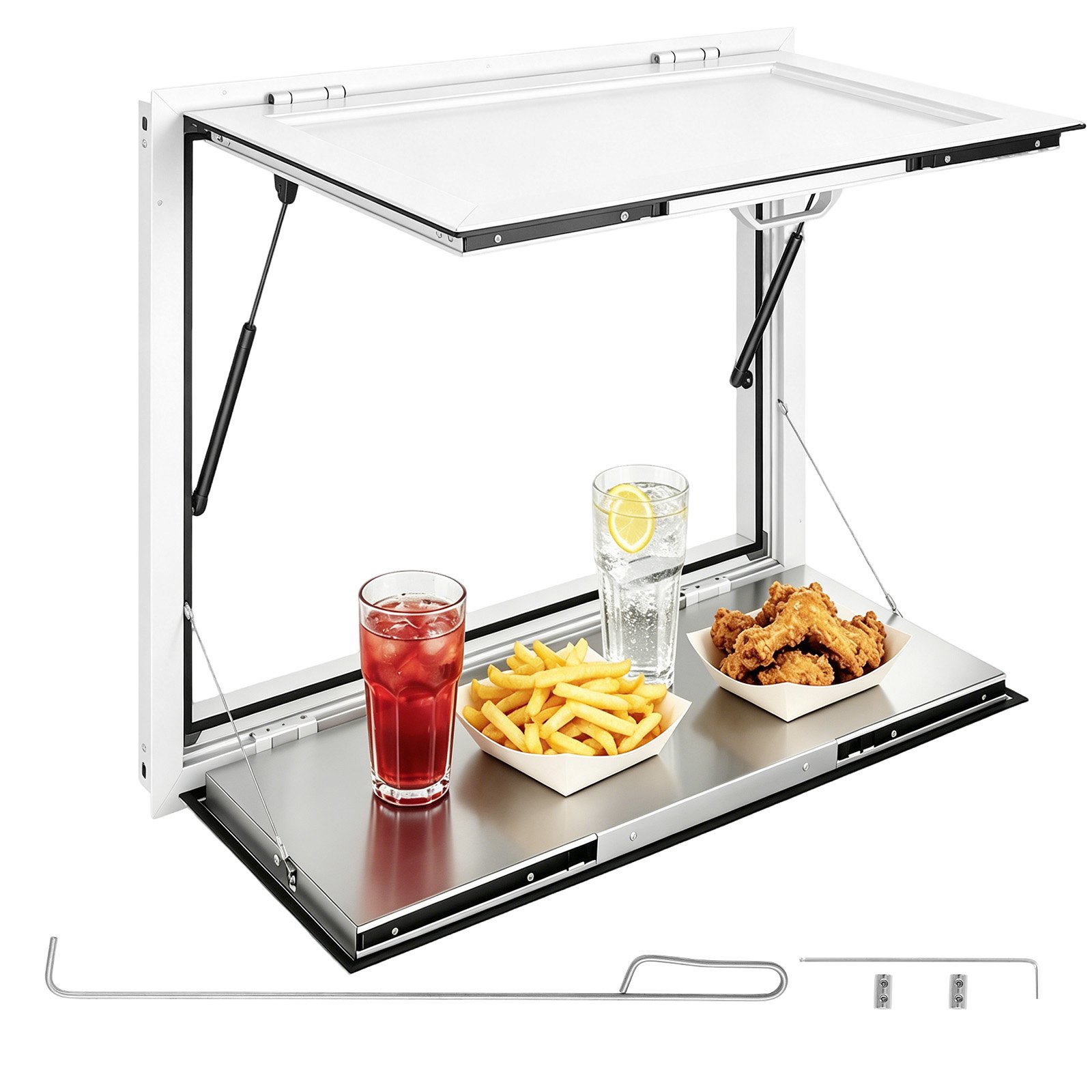 Okno sprzedażowe VEVOR do food trucków, 915 x 915 x 80 mm, ze stopu aluminium, okno sprzedażowe do food trucków, otwierane do 85°, z klapką sprzedażową, półką do serwowania i hakiem holowniczym, osłoną przeciwdeszczową