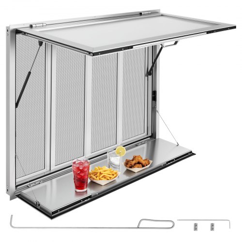 Okno sprzedażowe do food trucków VEVOR, 1220 x 915 x 110 mm, stop aluminium, okno koncesyjne otwierane do 85°, składana półka, z 4 przesuwanymi moskitierami i hakami holowniczymi