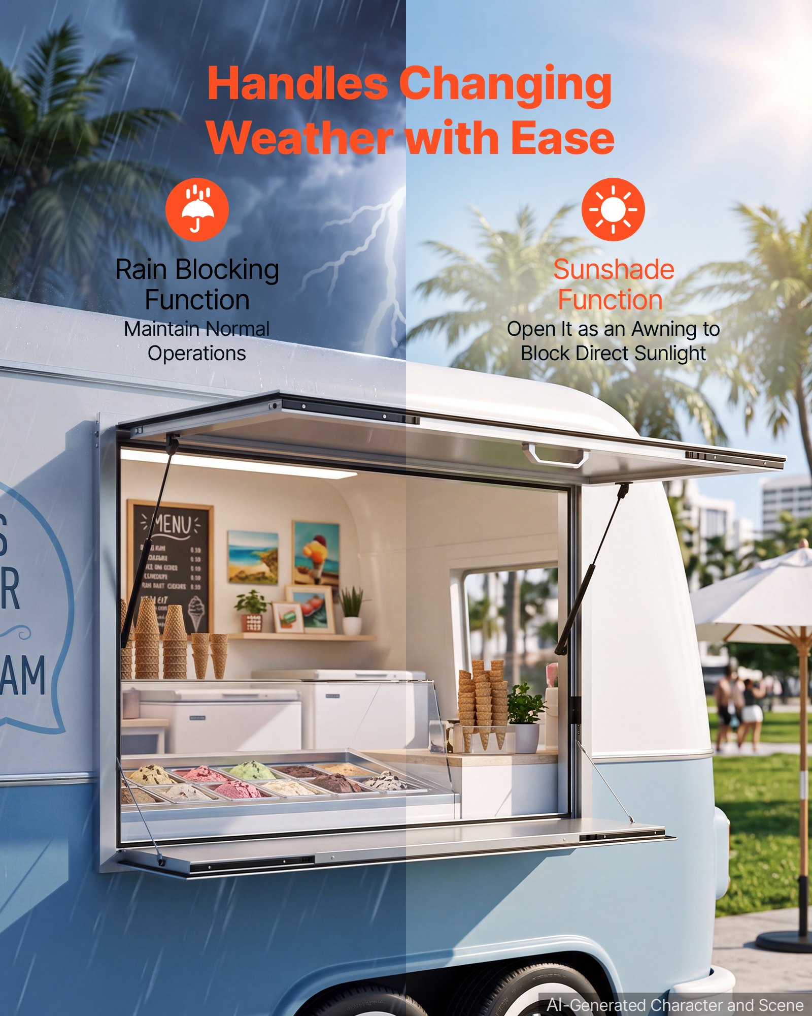 Okno sprzedażowe VEVOR do food trucków, 1220 x 915 x 80 mm, stop aluminium, okno sprzedażowe do food trucków, otwierane do 85°, z klapką sprzedażową, półką do serwowania i hakiem holowniczym, osłoną przeciwdeszczową