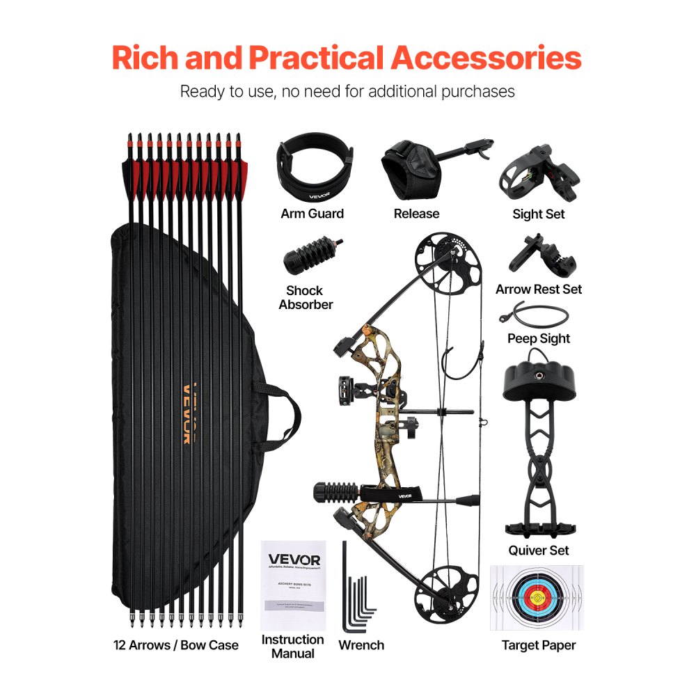 VEVOR Compound Bow Archery, Adjustable 482.6-762 mm Draw Length, Compound Bow Package for Beginners, 8.62-31.75 kg Draw Weight, Right-Handed Kit with Hunting Equipment, 320 fps, Camouflage