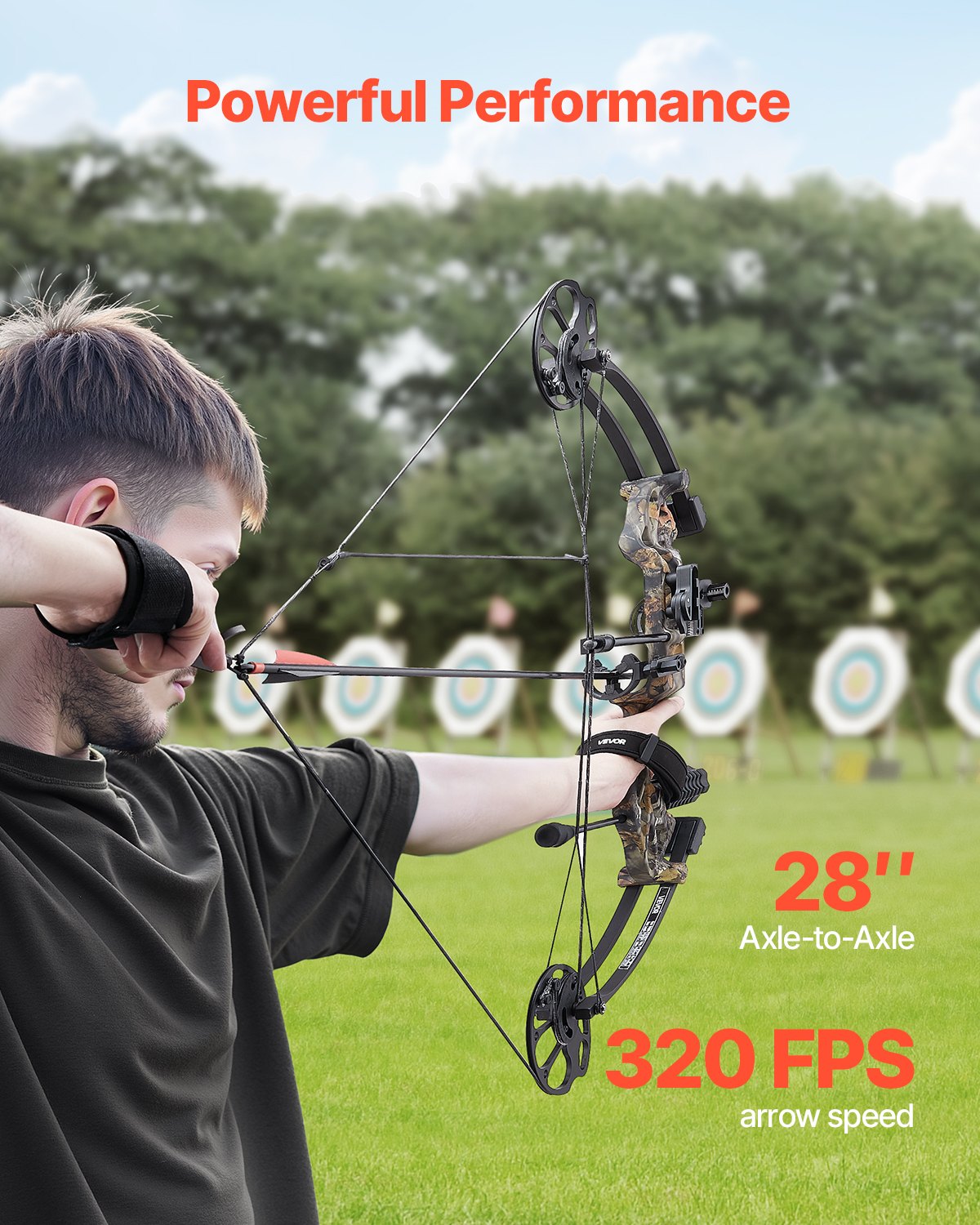 Łuk bloczkowy VEVOR, regulowany zestaw dla początkujących z długością naciągu 482,6-762 mm, siła naciągu 8,62-31,75 kg, zestaw dla praworęcznych z wyposażeniem myśliwskim, 320 fps, kamuflaż