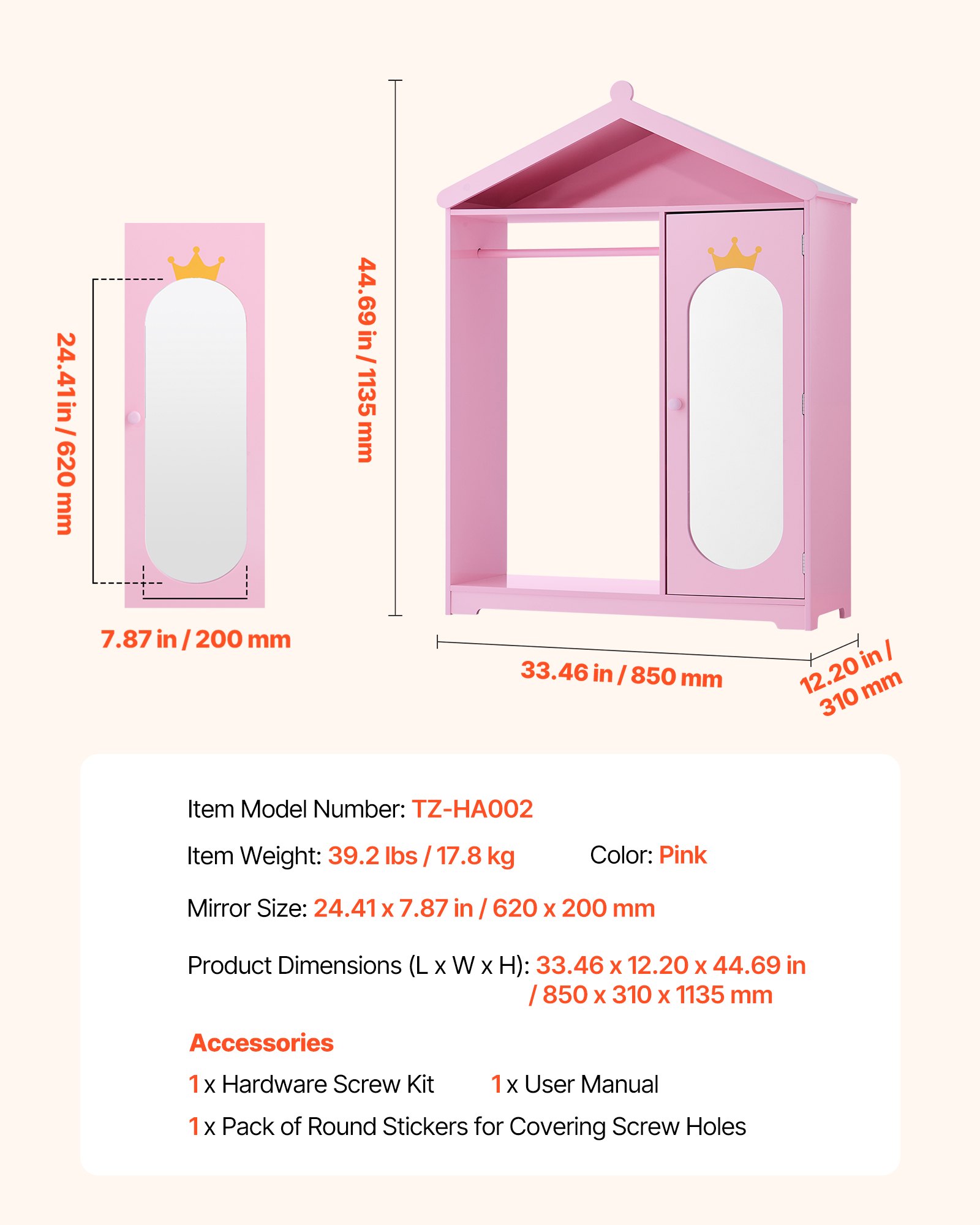 VEVOR Szafa dziecięca 85x31x113,5 cm, Szafa dziecięca z lustrem, drążkiem na ubrania i półkami, Szafa do garderoby z płyty MDF z drzwiami szafkowymi dla dziewczynek, Szafa dziecięca do kostiumów i pokoju lalek, różowa