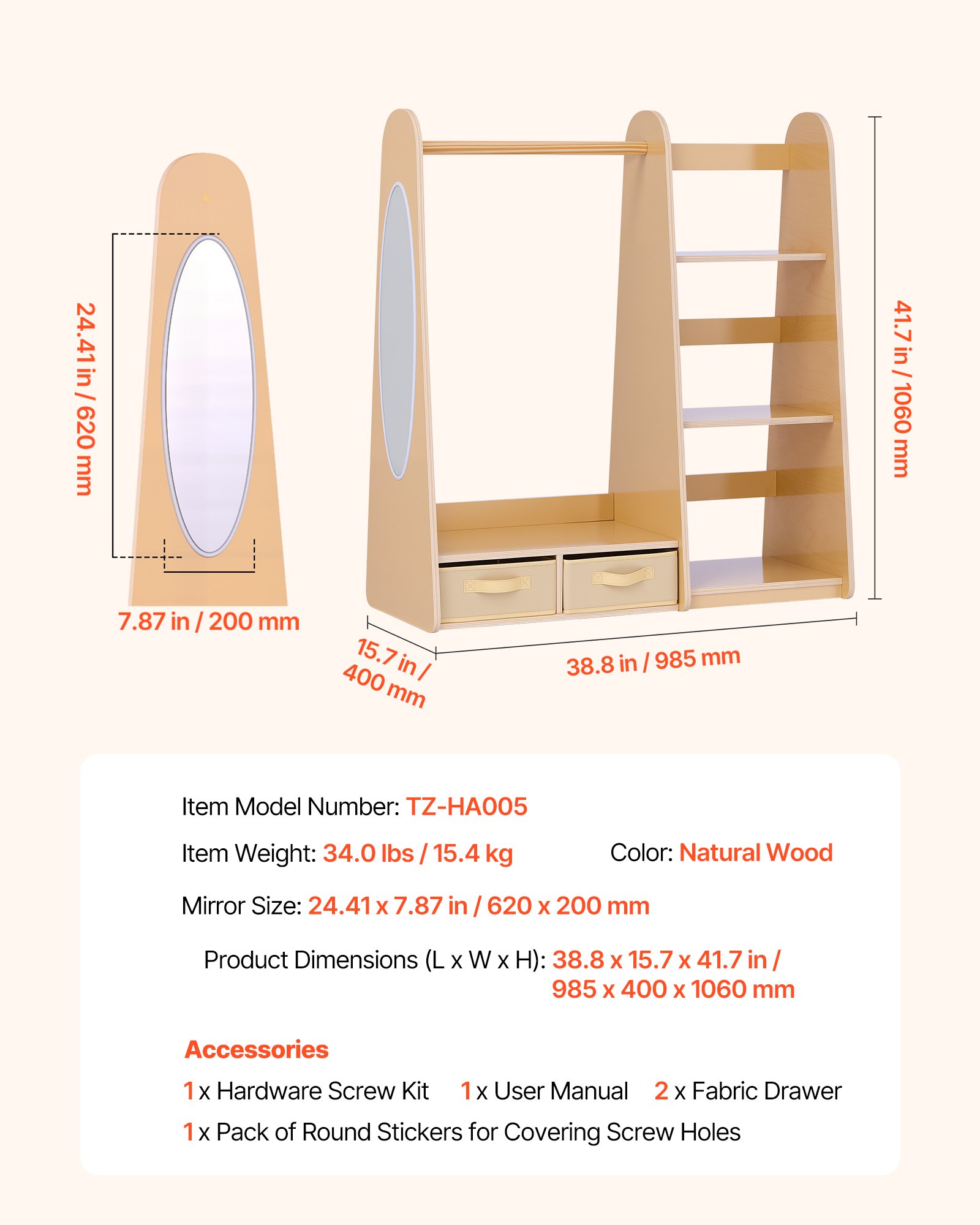 VEVOR Szafa dziecięca 98,5x40x106 cm, Szafa dziecięca z lustrem, drążkiem na ubrania i półkami, Garderoba z 2 materiałowymi szufladami dla dziewczynek, Szafa dziecięca na kostiumy, Sypialnia, Drewno naturalne