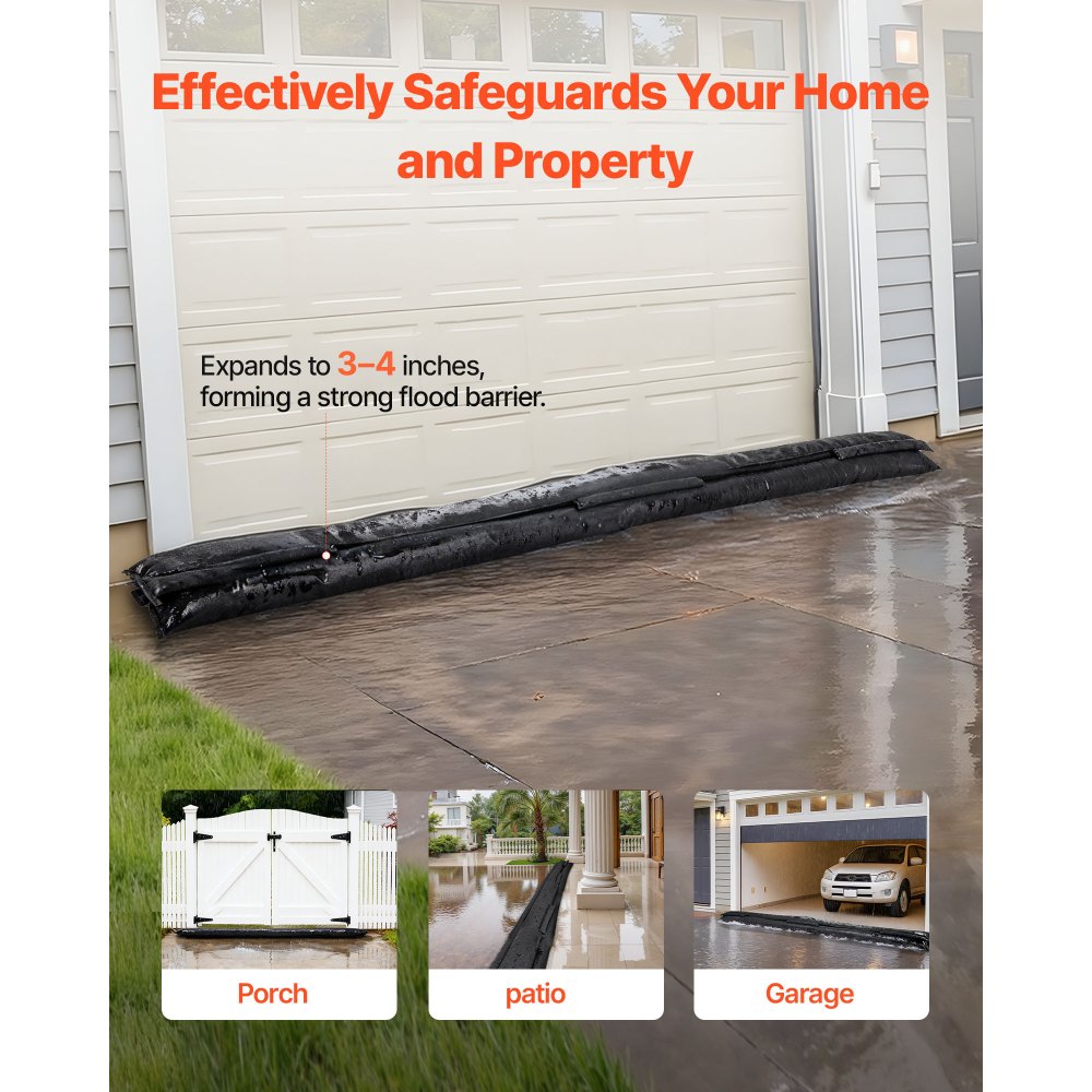 VEVOR Flood Barrier, 8 Pack, 3050 x 210 mm Flood Bags Activated by Water, Reusable Water Absorbent Barrier, Sandless Sandbags Blockage, Flooding Prevention Bags for Home, Doorway, Basement, Garage