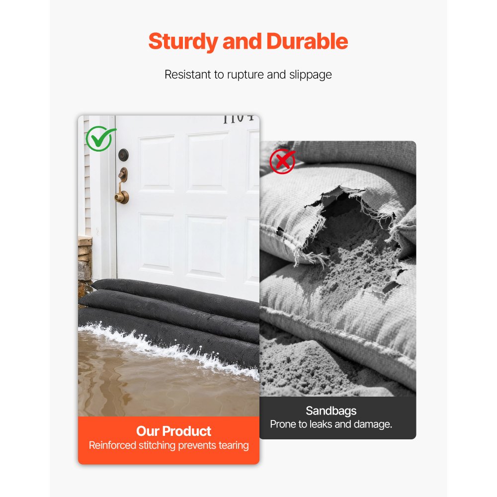 VEVOR Flood Barrier, 10 Pack, 1530 x 210 mm Flood Bags with Bucket, Reusable Water Absorbent Barrier Activated by Water, Sandless Sandbags Blockage, Flooding Prevention Bags for Basement, Garage, Doorway