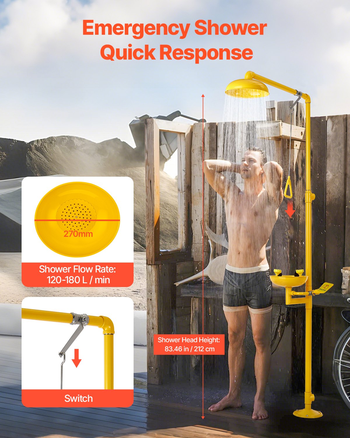 Stacja do przemywania oczu VEVOR, 870 x 400 x 2330 mm, połączenie przemywania oczu i natrysku, wykonane ze stali nierdzewnej 304, zatwierdzone przez OSHA urządzenie do przemywania oczu do pierwszej pomocy, do szkół, laboratoriów, fabryk, kolor żółty