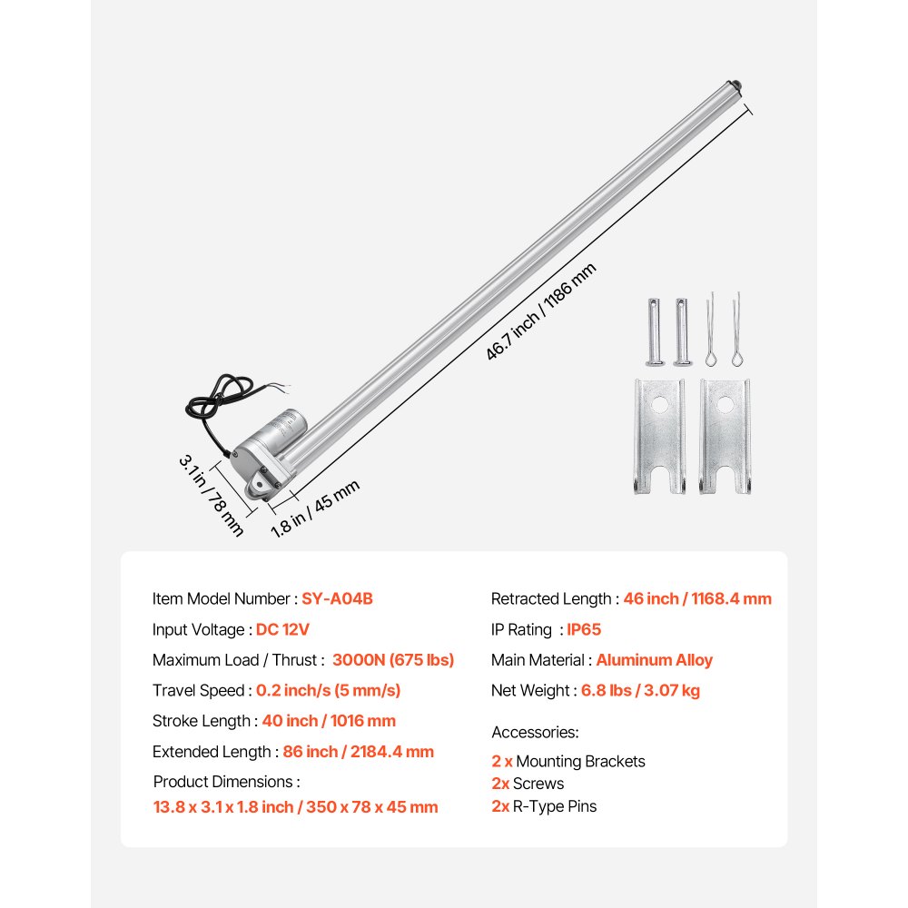 VEVOR 12V Linear Actuator, 1016mm Stroke IP65 Waterproof Linear Actuator, 3000N 5mm/s Motion Actuators with Mounting Bracket for Solar Trackers, Industrial Machinery, Door Opener