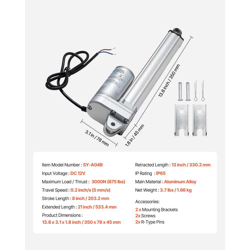 Siłownik liniowy VEVOR 12 V, silnik liniowy wodoodporny IP65 o długości 203,2 mm, siłownik liniowy 3000 N, siłowniki liniowe 5 mm/s z uchwytami montażowymi do trackerów słonecznych, maszyn przemysłowych, otwieraczy drzwi