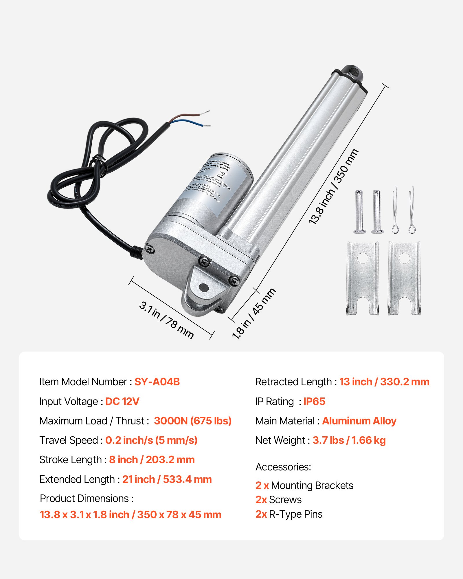 Siłownik liniowy VEVOR 12 V, silnik liniowy wodoodporny IP65 o długości 203,2 mm, siłownik liniowy 3000 N, siłowniki liniowe 5 mm/s z uchwytami montażowymi do trackerów słonecznych, maszyn przemysłowych, otwieraczy drzwi