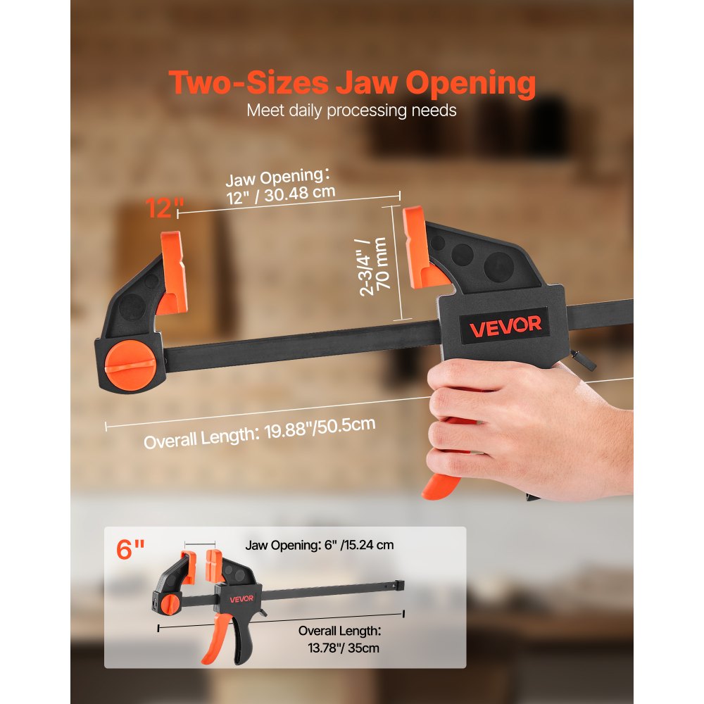 Zaciski stolarskie VEVOR, zestaw 4 szt. (rozstaw 12" / 6"), zacisk F Quick-Grip o nośności 70 kg, głębokość 70 mm, zaciski plastikowe i stalowe, obróbka metali