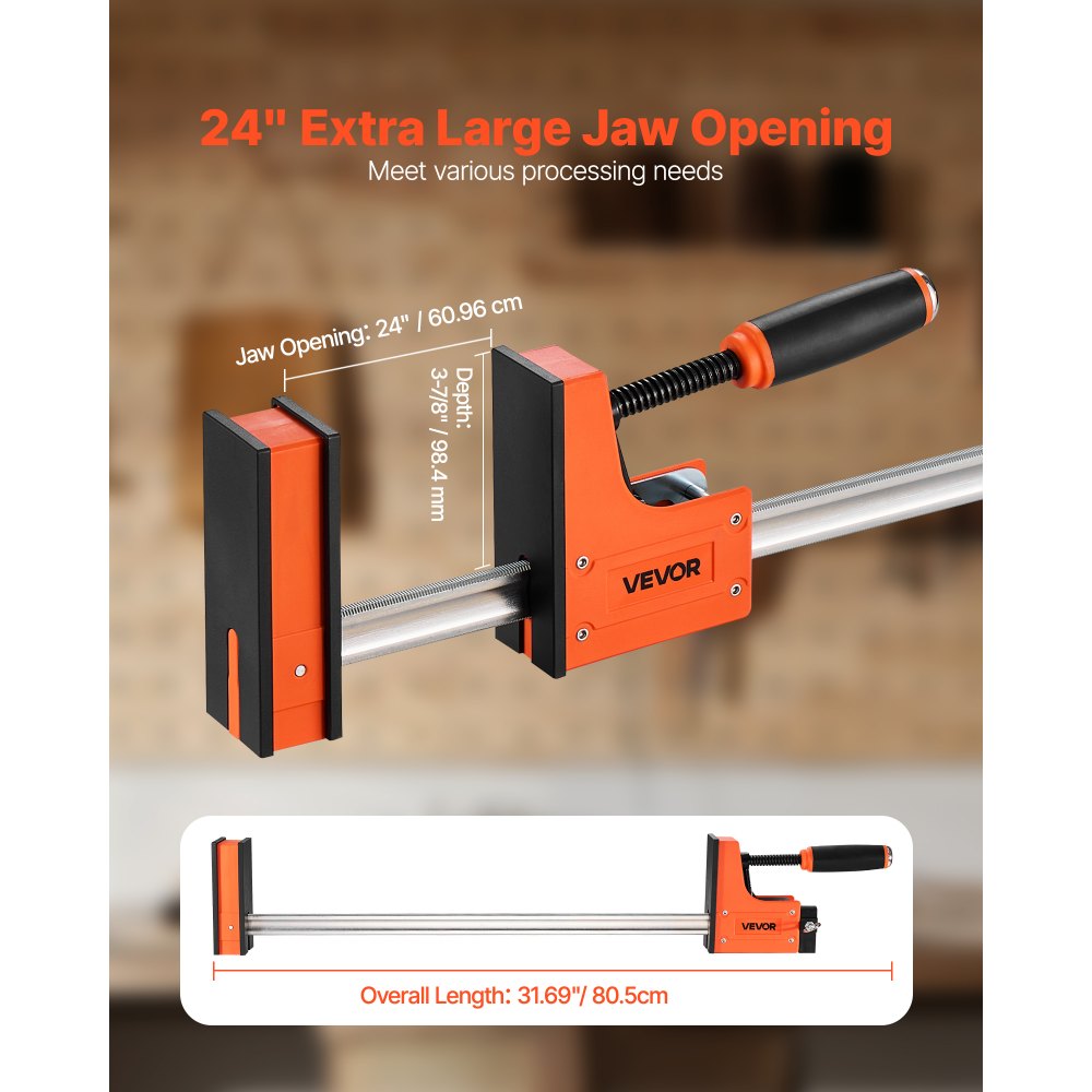 Zaciski stolarskie VEVOR, zestaw 2 szt., rozstaw 60,96 cm, zestaw zacisków równoległych, zacisk typu F o nośności 680 kg, głębokość 98,4 mm, tworzywo sztuczne i stal węglowa, obróbka metali, kolor pomarańczowy