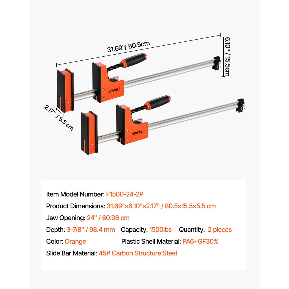 Zaciski stolarskie VEVOR, zestaw 2 szt., rozstaw 60,96 cm, zestaw zacisków równoległych, zacisk typu F o nośności 680 kg, głębokość 98,4 mm, tworzywo sztuczne i stal węglowa, obróbka metali, kolor pomarańczowy