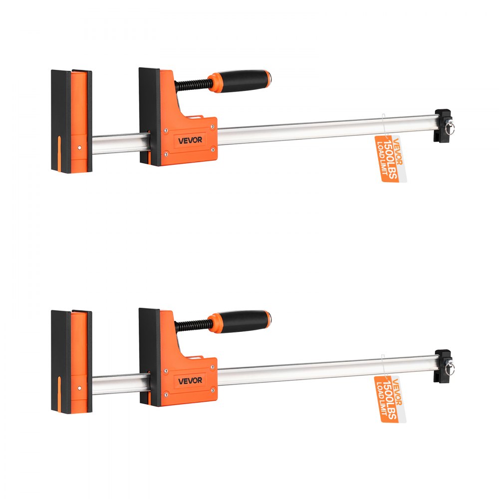 Zaciski stolarskie VEVOR, zestaw 2 szt., rozstaw 60,96 cm, zestaw zacisków równoległych, zacisk typu F o nośności 680 kg, głębokość 98,4 mm, tworzywo sztuczne i stal węglowa, obróbka metali, kolor pomarańczowy