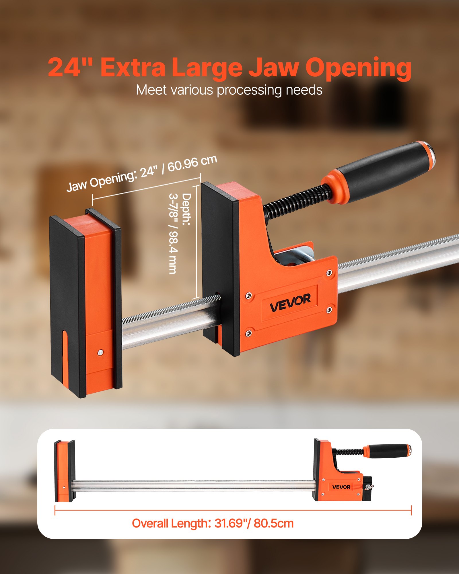 Zaciski stolarskie VEVOR, zestaw 2 szt., rozstaw 60,96 cm, zestaw zacisków równoległych, zacisk typu F o nośności 680 kg, głębokość 98,4 mm, tworzywo sztuczne i stal węglowa, obróbka metali, kolor pomarańczowy