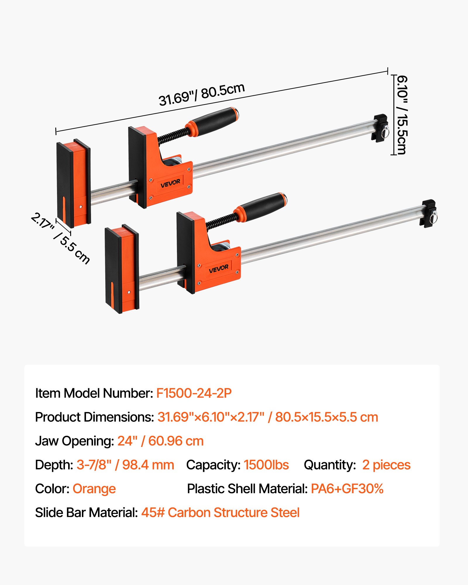 Zaciski stolarskie VEVOR, zestaw 2 szt., rozstaw 60,96 cm, zestaw zacisków równoległych, zacisk typu F o nośności 680 kg, głębokość 98,4 mm, tworzywo sztuczne i stal węglowa, obróbka metali, kolor pomarańczowy