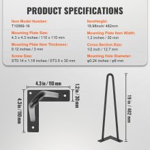 VEVOR zestaw 4 nóg do stołu nogi w kształcie szpilki 482mm wysokość 110x110mm płyta montażowa nogi w kształcie szpilki ze stali węglowej malowane proszkowo nośność 227kg Idealny do stołów kuchennych konsole do salonu stoły studyjne