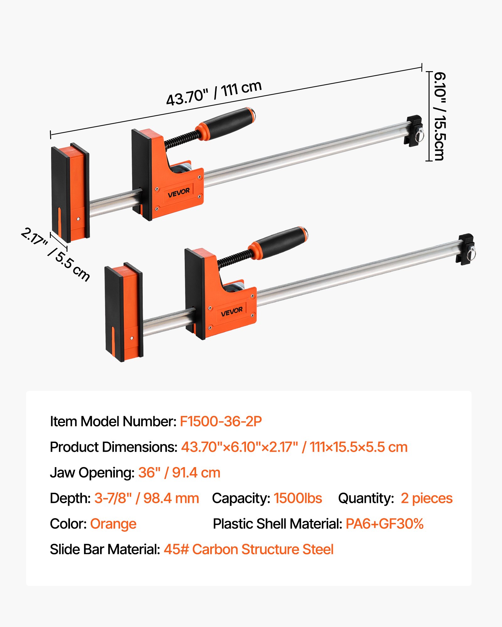 Zaciski stolarskie VEVOR, 2 szt., rozwarcie 914 mm, zestaw zacisków równoległych, zacisk typu F z limitem obciążenia 680 kg, głębokość 98,4 mm, tworzywo sztuczne i stal węglowa, kolor pomarańczowy do obróbki metali