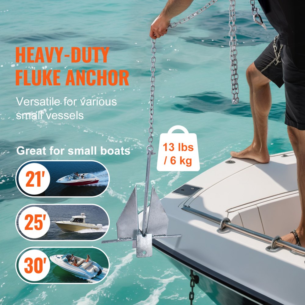Zestaw kotwiczny VEVOR Fluke, stal ocynkowana ogniowo, kotwica Fluke z łańcuchem 2,4 m, liną 30,8 m i dwoma szeklami 11 mm, kotwica do małych jednostek pływających poniżej 9,14 m, do mórz, rzek i wybrzeży, 6 kg