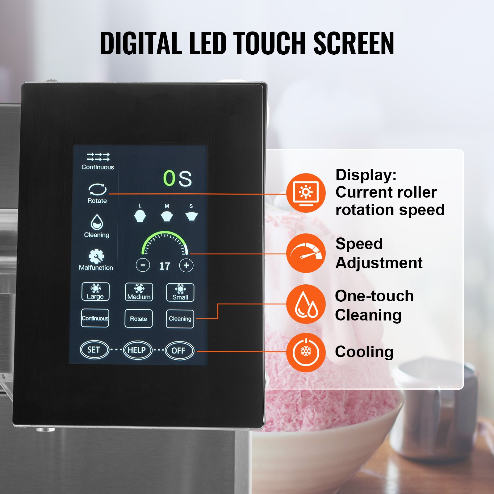 VEVOR Komercyjna maszyna do lodu w płatkach śniegu, 260 kg/24 godz., kruszarka do lodu ze stali nierdzewnej, elektryczna maszyna do lodu w kształcie stożka z systemem chłodzenia powietrzem i dotykowym wyświetlaczem LCD