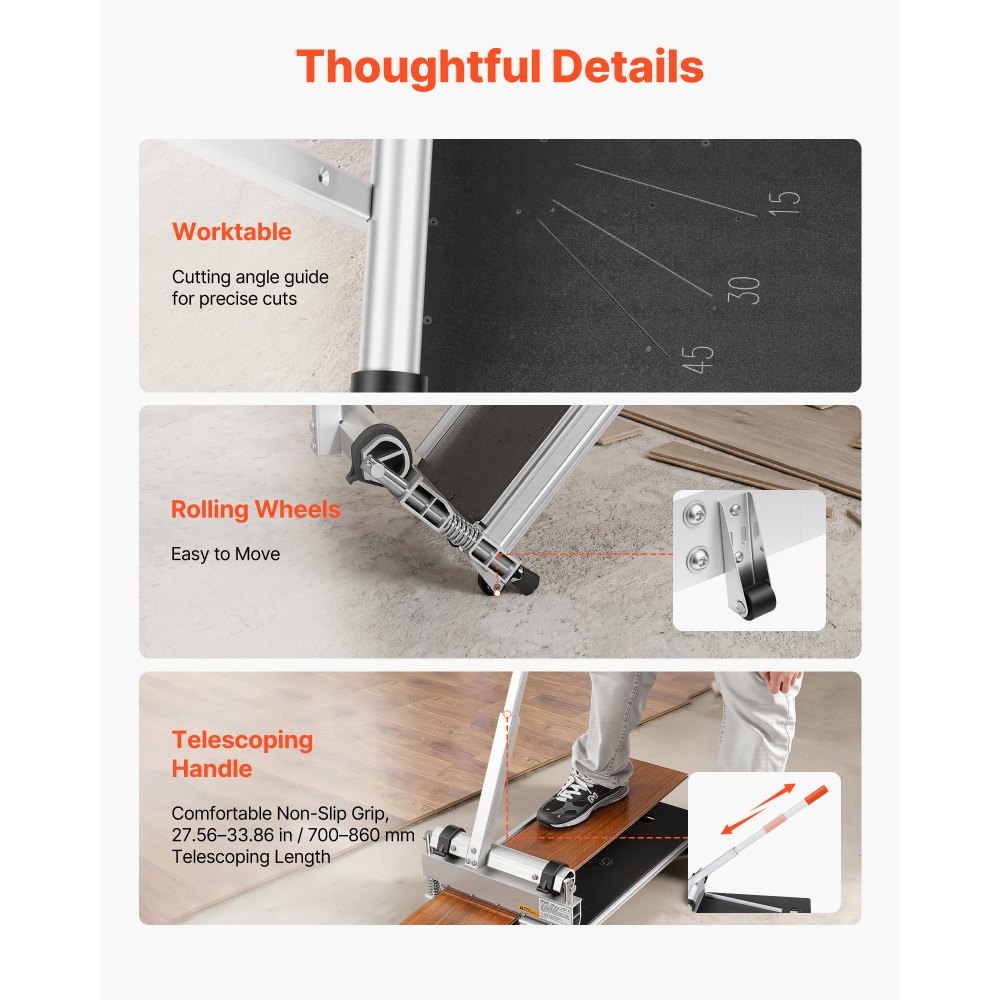 VEVOR 330mm Vinyl Floor Cutter, 16mm Thick Laminate Flooring Cutter with 15°/30°/45° Adjustable Angle Settings, Flexible Wheels, Telescoping Handle, Cuts Engineered Wood, LVT, VCT, SPC, LVP, WPC