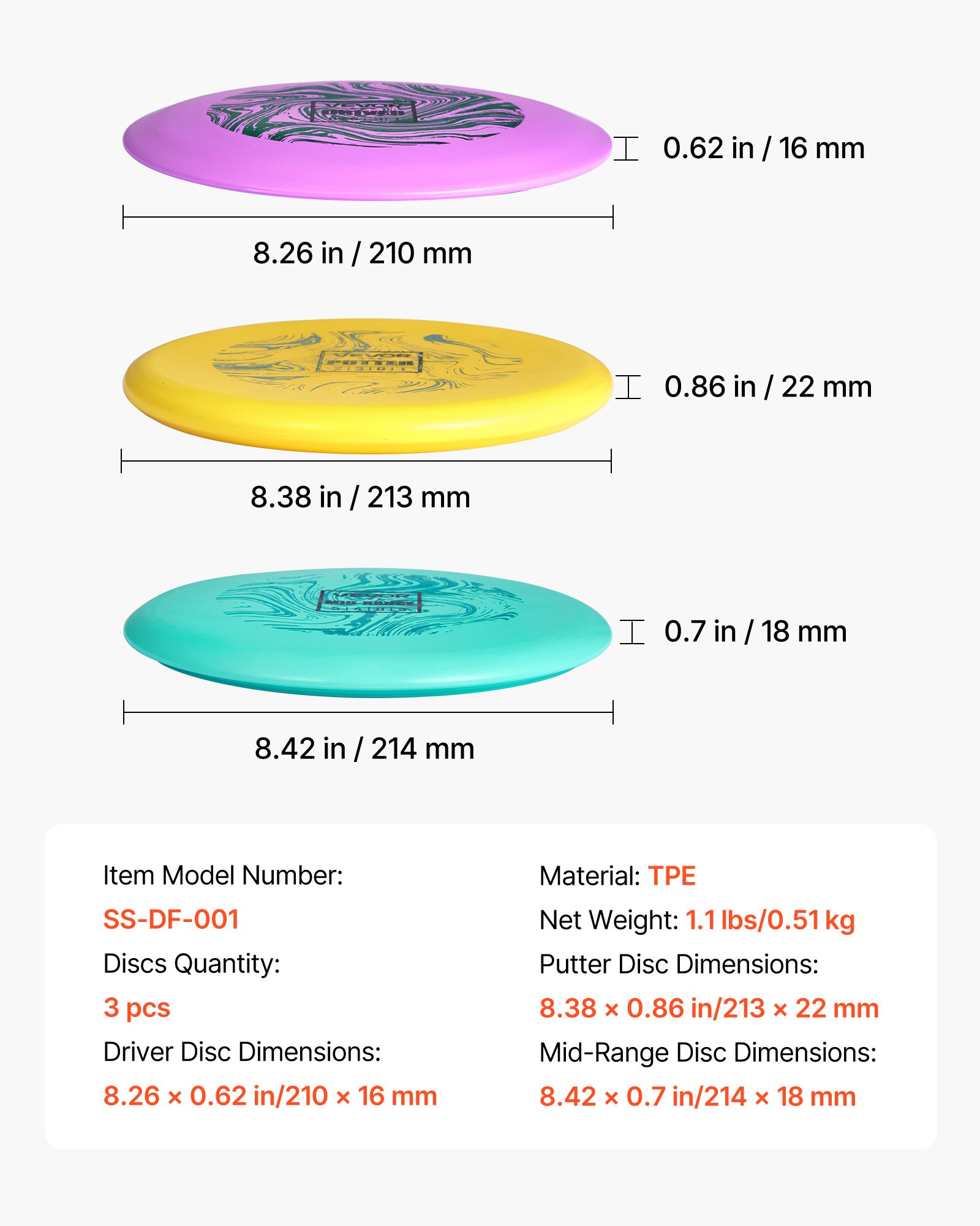 VEVOR Disc Golf Set, 3 Pack Disc Golf Starter Set, Beginners Flying Discs for Full-Body Strength Training, with Putter, Mid-Range, Driver, PDGA Approved, for Outdoor Backyard, Lawn, Beach, and Park