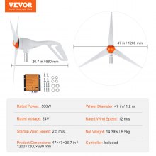 Turbina wiatrowa VEVOR 500 W Generator wiatrowy 24 V 3-łopatowy generator wiatrowy ze sterownikiem MPPT Regulowany kierunek wiatru i początkowa prędkość wiatru 2,5 m/s Odpowiedni dla łodzi RV w gospodarstwie domowym