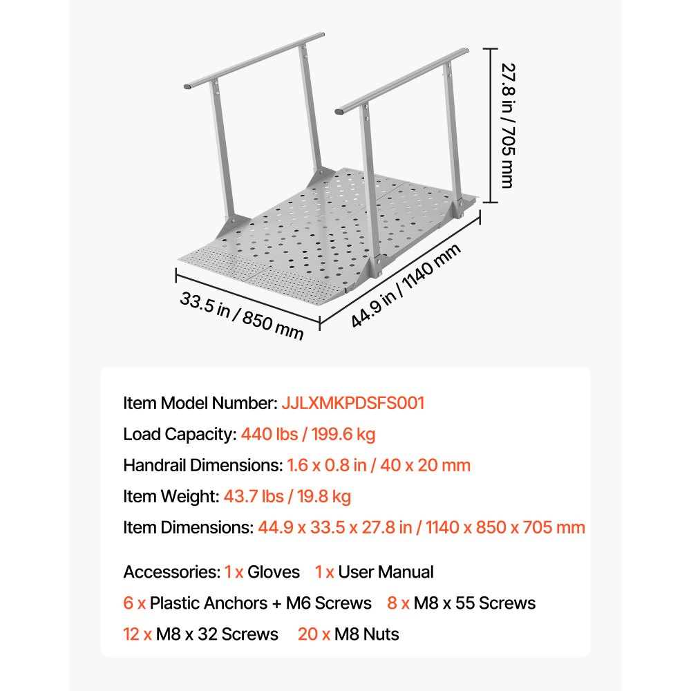 Podjazd dla wózków inwalidzkich VEVOR z poręczami, podjazd progowy o wymiarach 1140x850x705 mm i maksymalnym udźwigu 199,6 kg, antypoślizgowy podjazd żelazny, przenośna rampa do skuterów, progów drzwi, krawężników i schodów