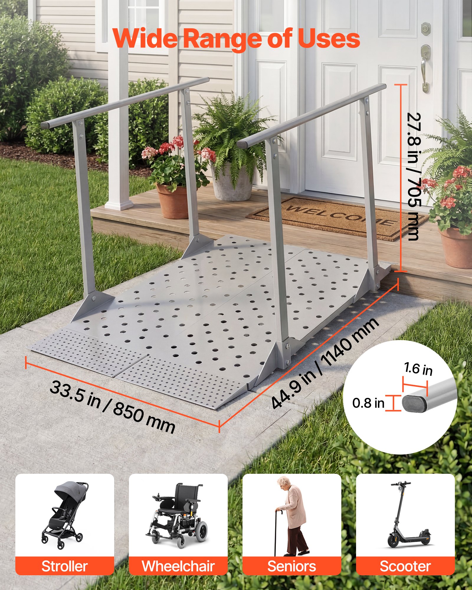 Podjazd dla wózków inwalidzkich VEVOR z poręczami, podjazd progowy o wymiarach 1140x850x705 mm i maksymalnym udźwigu 199,6 kg, antypoślizgowy podjazd żelazny, przenośna rampa do skuterów, progów drzwi, krawężników i schodów