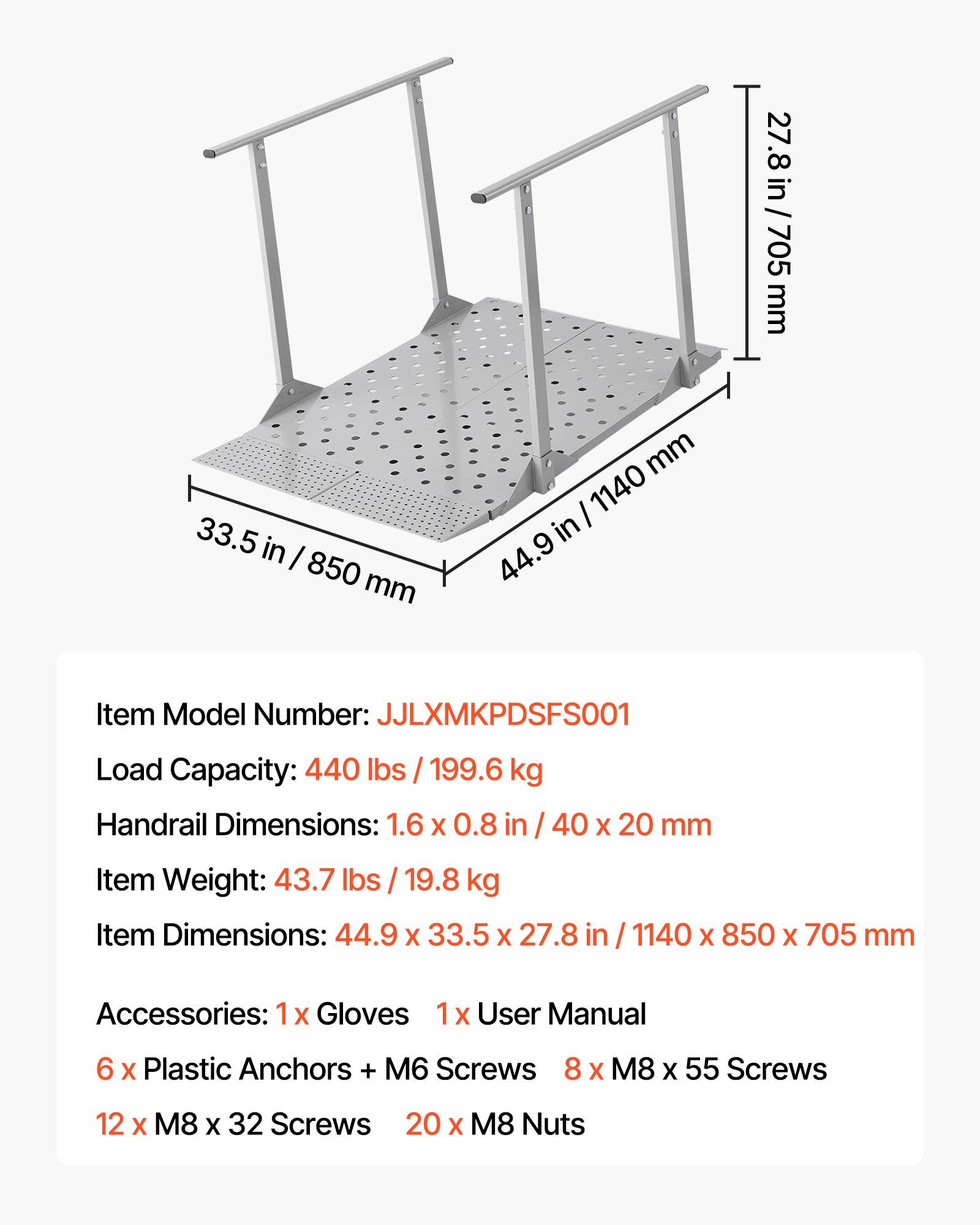 Podjazd dla wózków inwalidzkich VEVOR z poręczami, podjazd progowy o wymiarach 1140x850x705 mm i maksymalnym udźwigu 199,6 kg, antypoślizgowy podjazd żelazny, przenośna rampa do skuterów, progów drzwi, krawężników i schodów