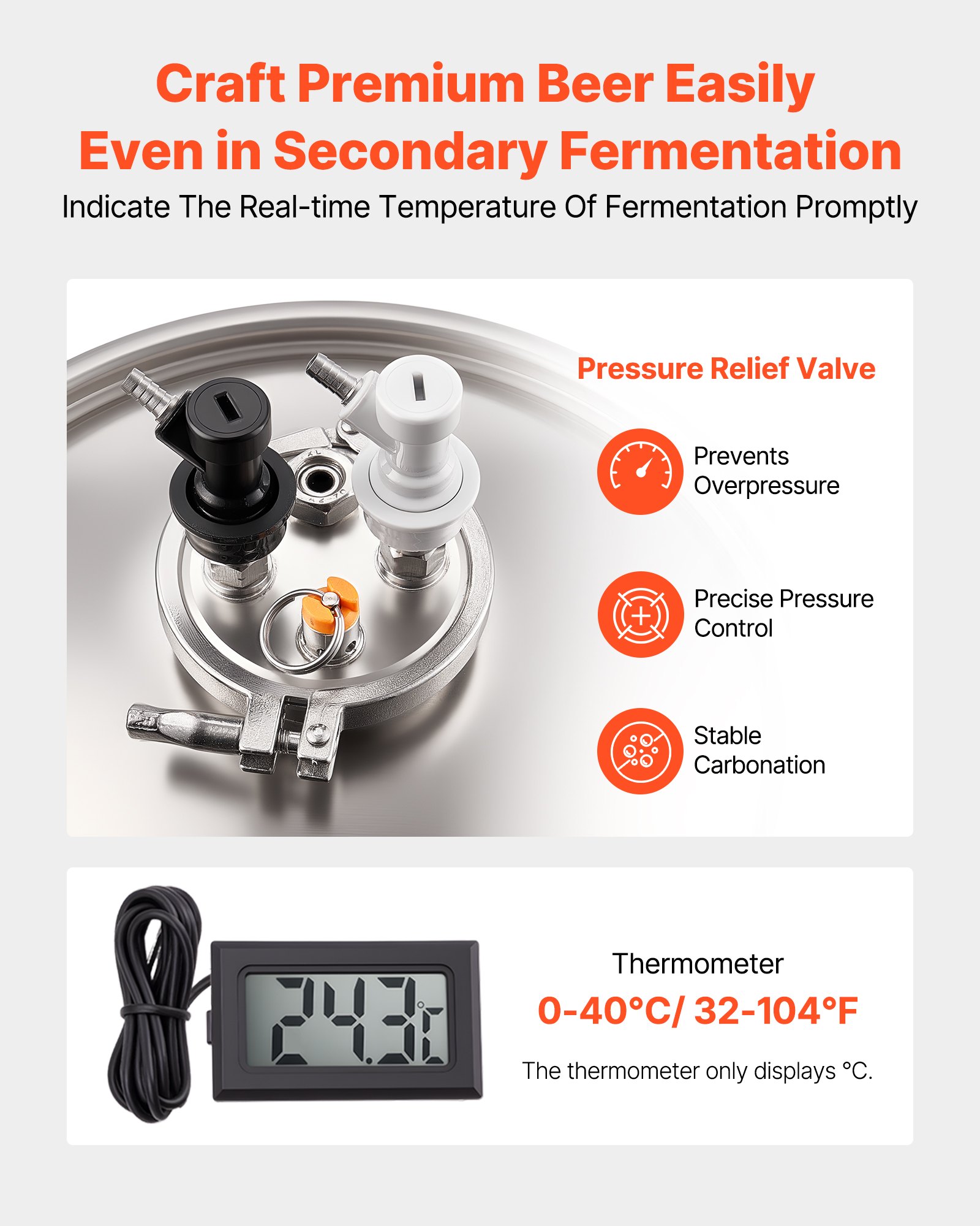 VEVOR Stożkowy zbiornik fermentacyjny ze stali nierdzewnej o pojemności 30 l do domowego warzenia piwa, kocioł fermentacyjny ze stożkowym dnem, nóżkami przedłużającymi, pokrywką, uchwytem i termometrem, beczka fermentacyjna do fermentacji wina i piwa