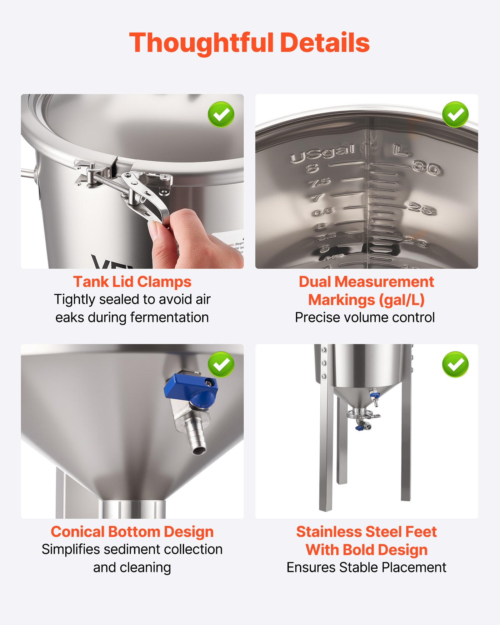 VEVOR Stożkowy zbiornik fermentacyjny ze stali nierdzewnej o pojemności 30 l do domowego warzenia piwa, kocioł fermentacyjny ze stożkowym dnem, nóżkami przedłużającymi, pokrywką, uchwytem i termometrem, beczka fermentacyjna do fermentacji wina i piwa