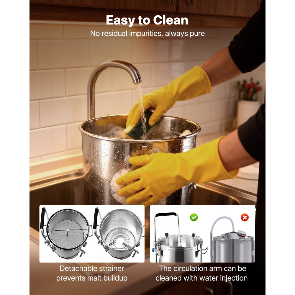 Elektryczny system do warzenia piwa VEVOR, kocioł warzelny o pojemności 60 l do użytku domowego, kadź zacierna z pamięcią receptury, tryb automatyczny/ręczny, panel sterowania i rura cyrkulacyjna.