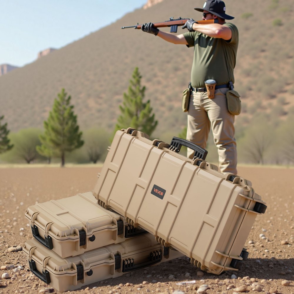 VEVOR Hard Rifle Case, Lockable Rifle Case with 4 Layers Pre-cut Foams, 914 mm Gun Storage with Wheels, IP67 Waterproof & Dustproof Pistol Storage Cases for Rifles, Shotguns, Airsoft Guns, Khaki