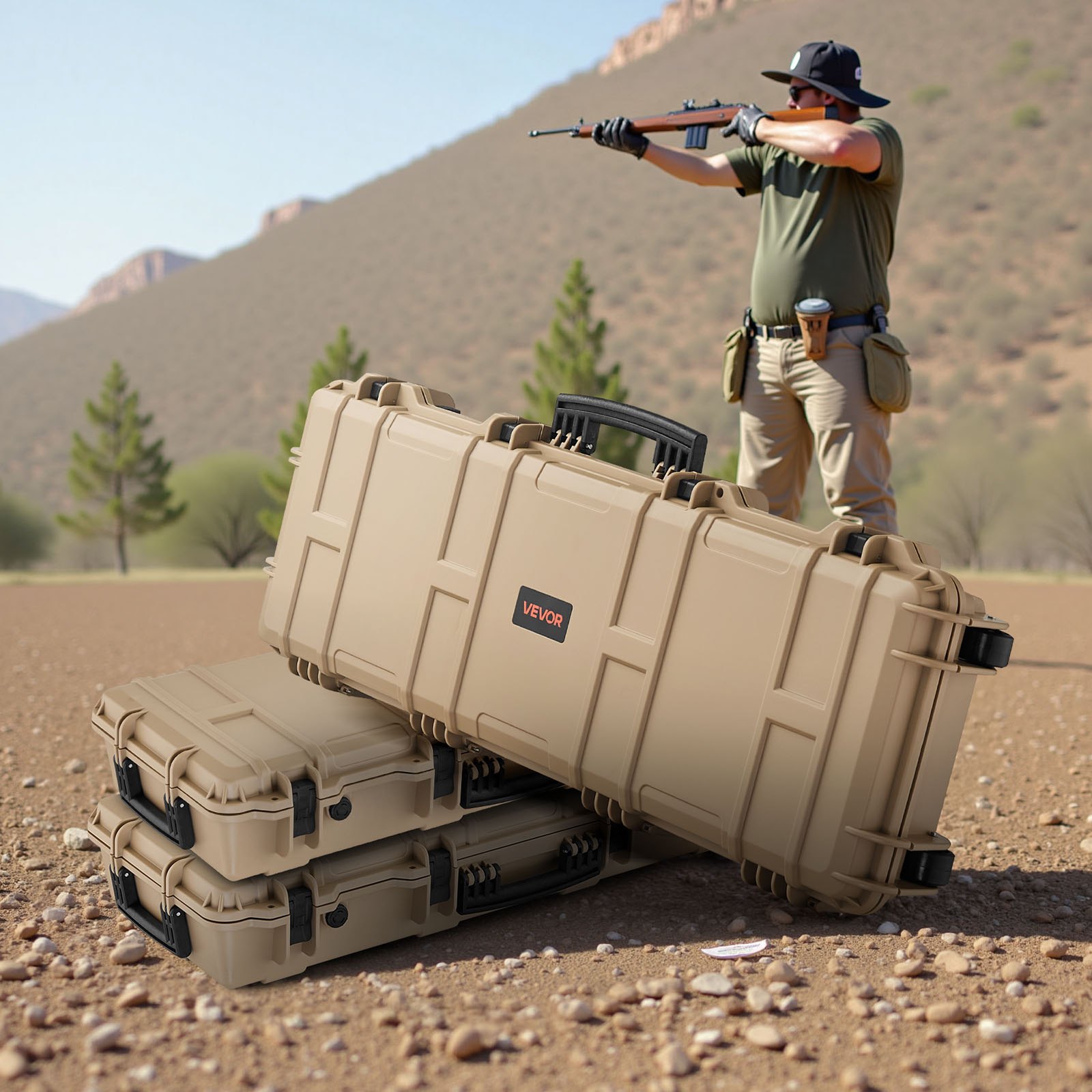 VEVOR Hard Rifle Case, Lockable Rifle Case with Pre-cut Foams, 1016 mm Gun Storage with Wheels, IP67 Waterproof & Dustproof Movable Large Pistol Storage for Rifles, Shotguns, Airsoft Guns, Khaki