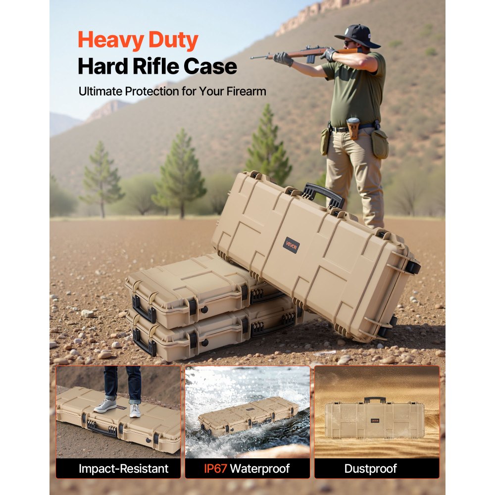Twardy futerał na broń długą VEVOR, zamykany na klucz futerał na broń długą z wyciętymi piankami, zwijany futerał na broń długą, wodoodporny IP67, 1042 x 352 x 91 mm, khaki