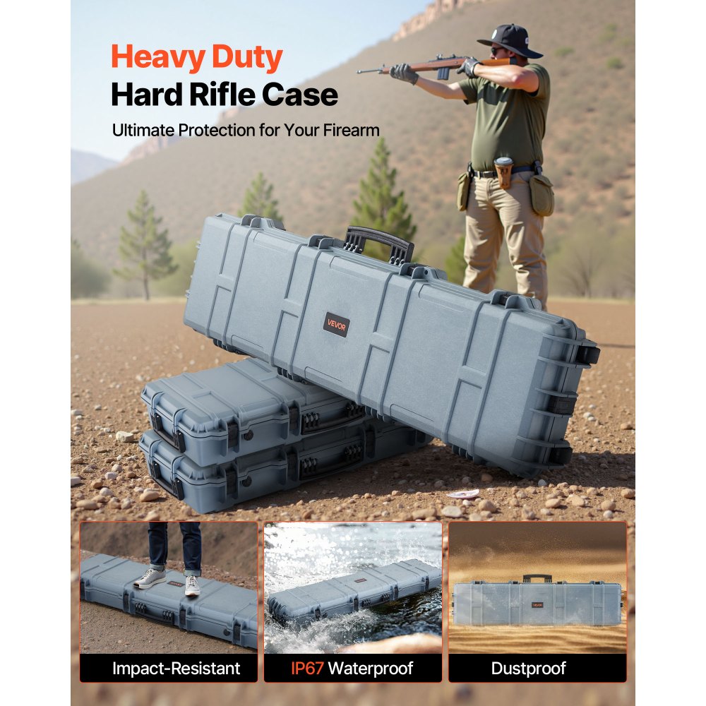 VEVOR Hard Rifle Case, Lockable Rifle Case with Pre-cut Foams, 1270 mm Movable Gun Storage with Wheels, IP67 Waterproof & Dustproof Pistol Storage for Rifle, Shotgun, Airsoft Gun, Grey