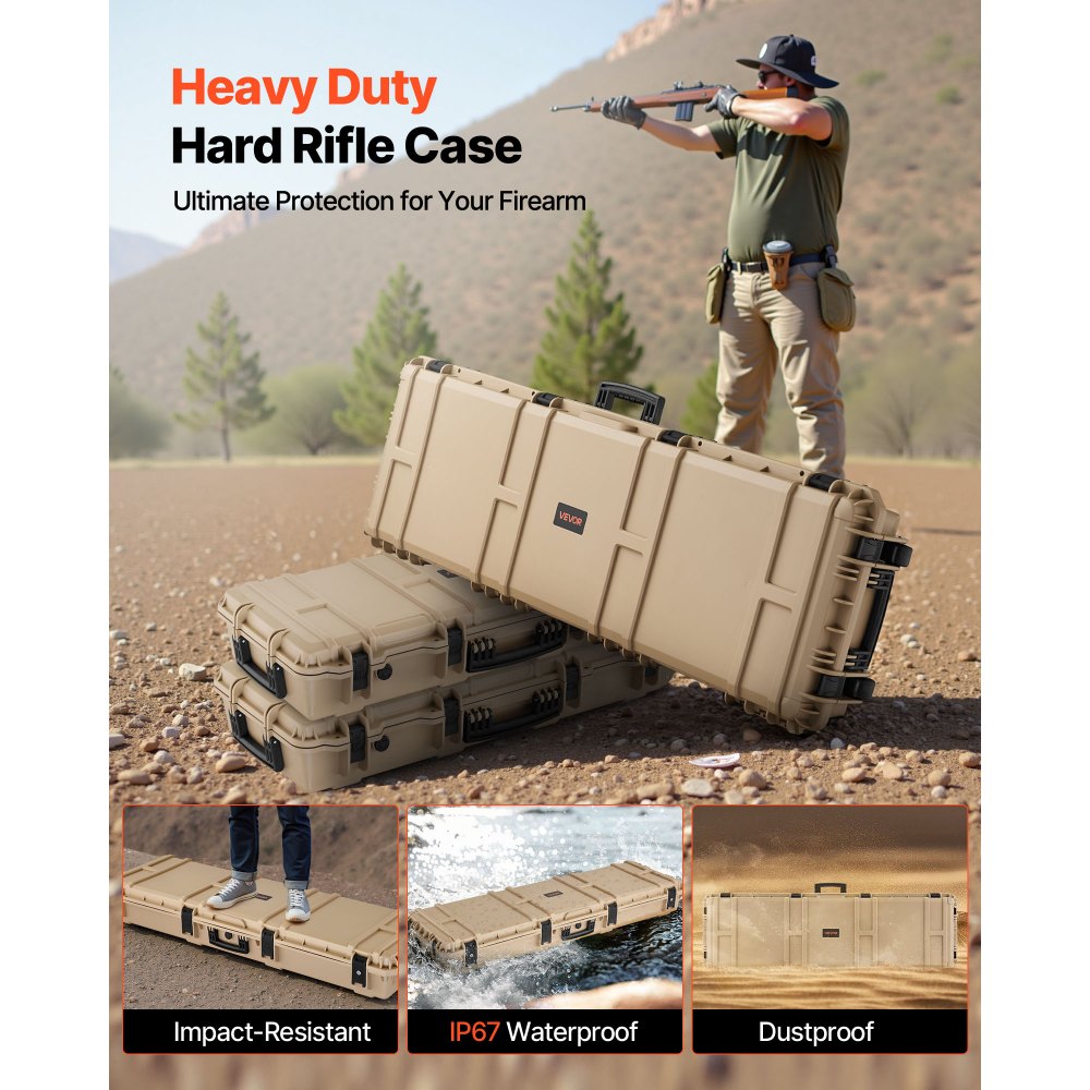 VEVOR Hard Rifle Case, Lockable Rifle Case with Pre-cut Foams, 1320 mm Gun Storage with Wheels, Heavy Duty IP67 Waterproof & Dustproof Pistol Storage Cases for Rifles, Shotguns, Airsoft Guns, Khaki