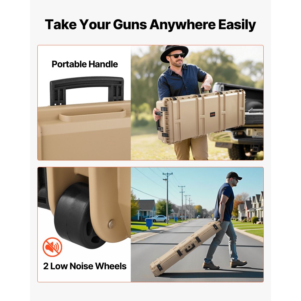 VEVOR Hard Rifle Case, Lockable Rifle Case with Pre-cut Foams, 1320 mm Gun Storage with Wheels, Heavy Duty IP67 Waterproof & Dustproof Pistol Storage Cases for Rifles, Shotguns, Airsoft Guns, Khaki