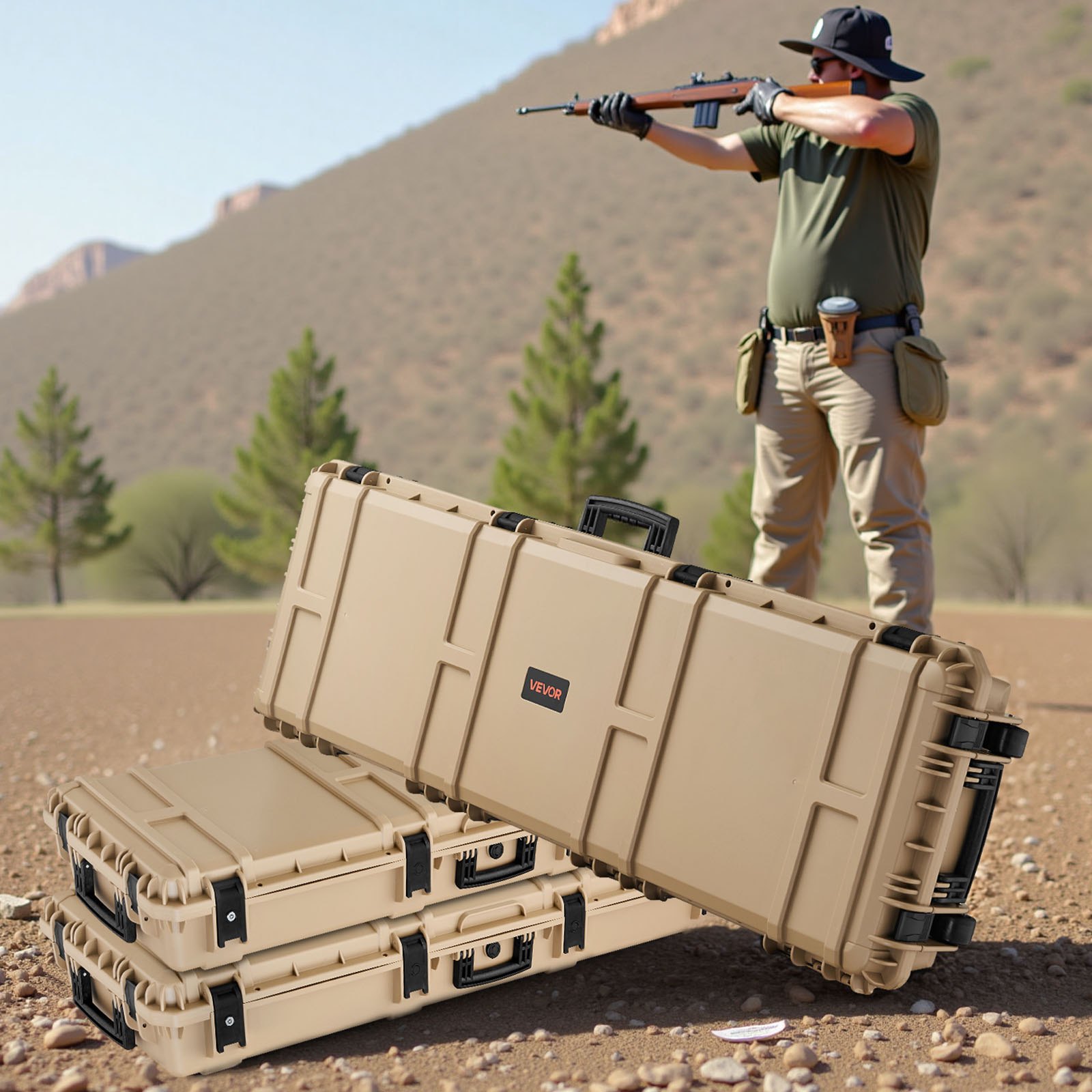 VEVOR Hard Rifle Case, Lockable Rifle Case with Pre-cut Foams, 1320 mm Gun Storage with Wheels, Heavy Duty IP67 Waterproof & Dustproof Pistol Storage Cases for Rifles, Shotguns, Airsoft Guns, Khaki
