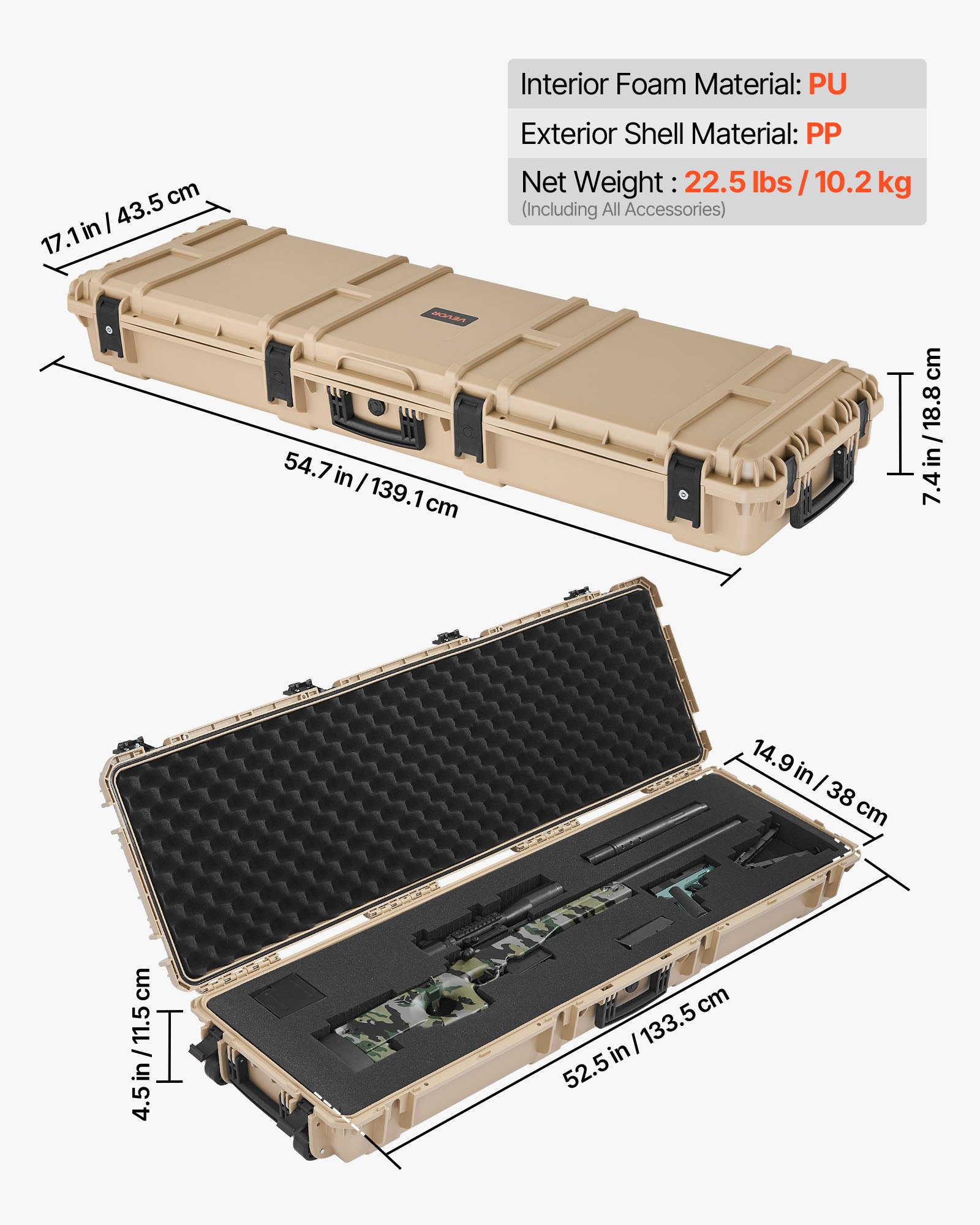 VEVOR Hard Rifle Case, Lockable Rifle Case with Pre-cut Foams, 1320 mm Gun Storage with Wheels, Heavy Duty IP67 Waterproof & Dustproof Pistol Storage Cases for Rifles, Shotguns, Airsoft Guns, Khaki