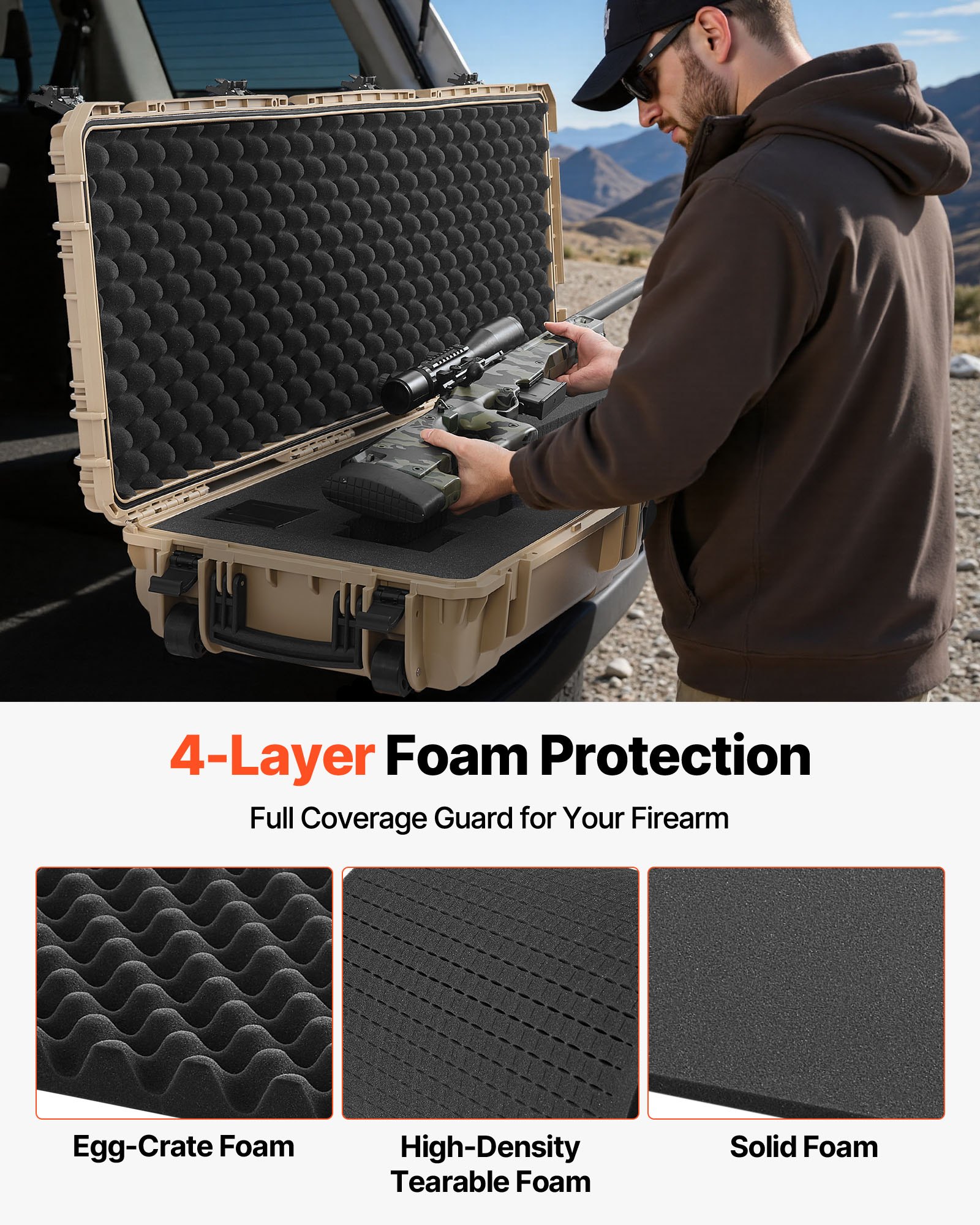 VEVOR Hard Rifle Case, Lockable Rifle Case with Pre-cut Foams, 1320 mm Gun Storage with Wheels, Heavy Duty IP67 Waterproof & Dustproof Pistol Storage Cases for Rifles, Shotguns, Airsoft Guns, Khaki