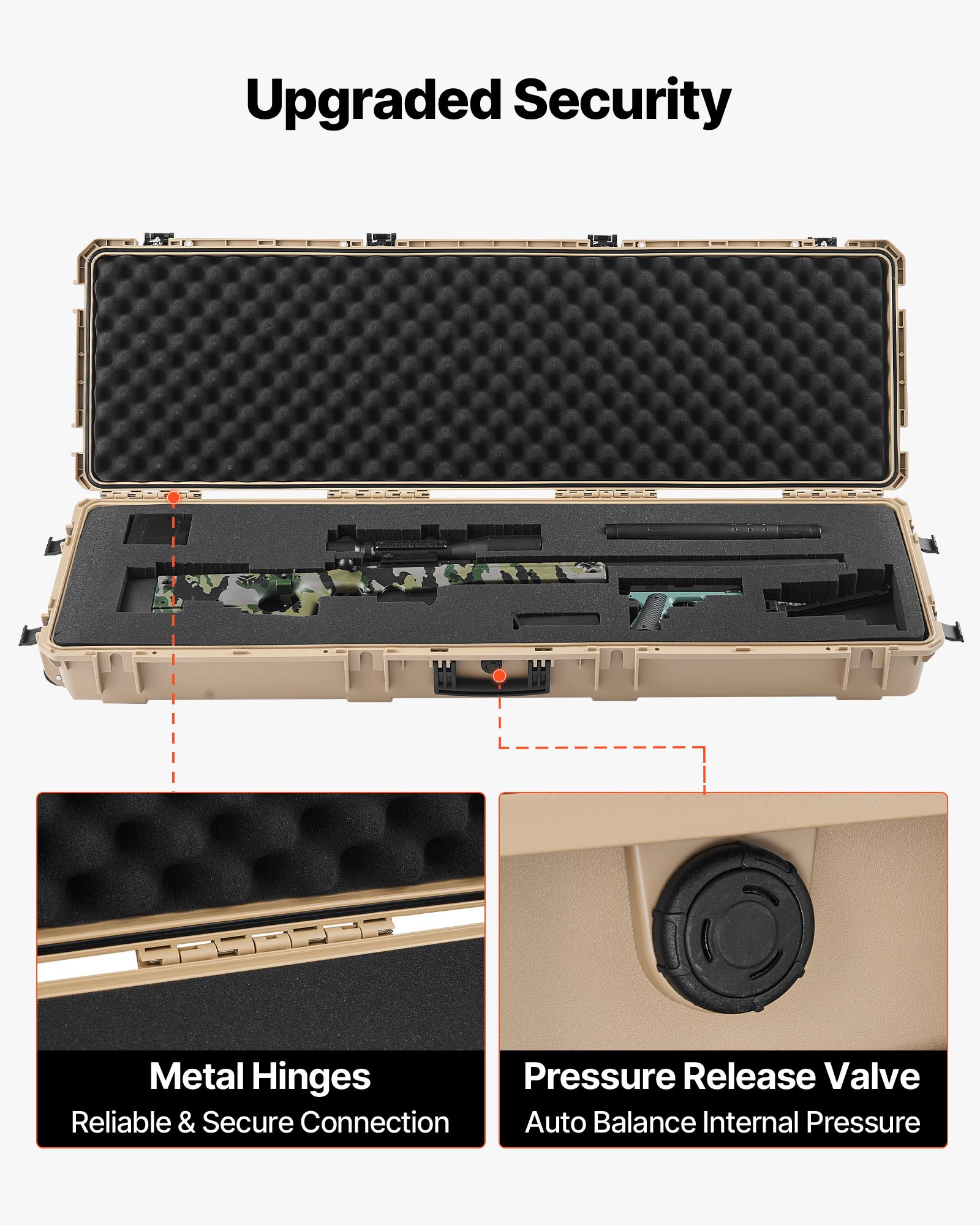 VEVOR Hard Rifle Case, Lockable Rifle Case with Pre-cut Foams, 1320 mm Gun Storage with Wheels, Heavy Duty IP67 Waterproof & Dustproof Pistol Storage Cases for Rifles, Shotguns, Airsoft Guns, Khaki
