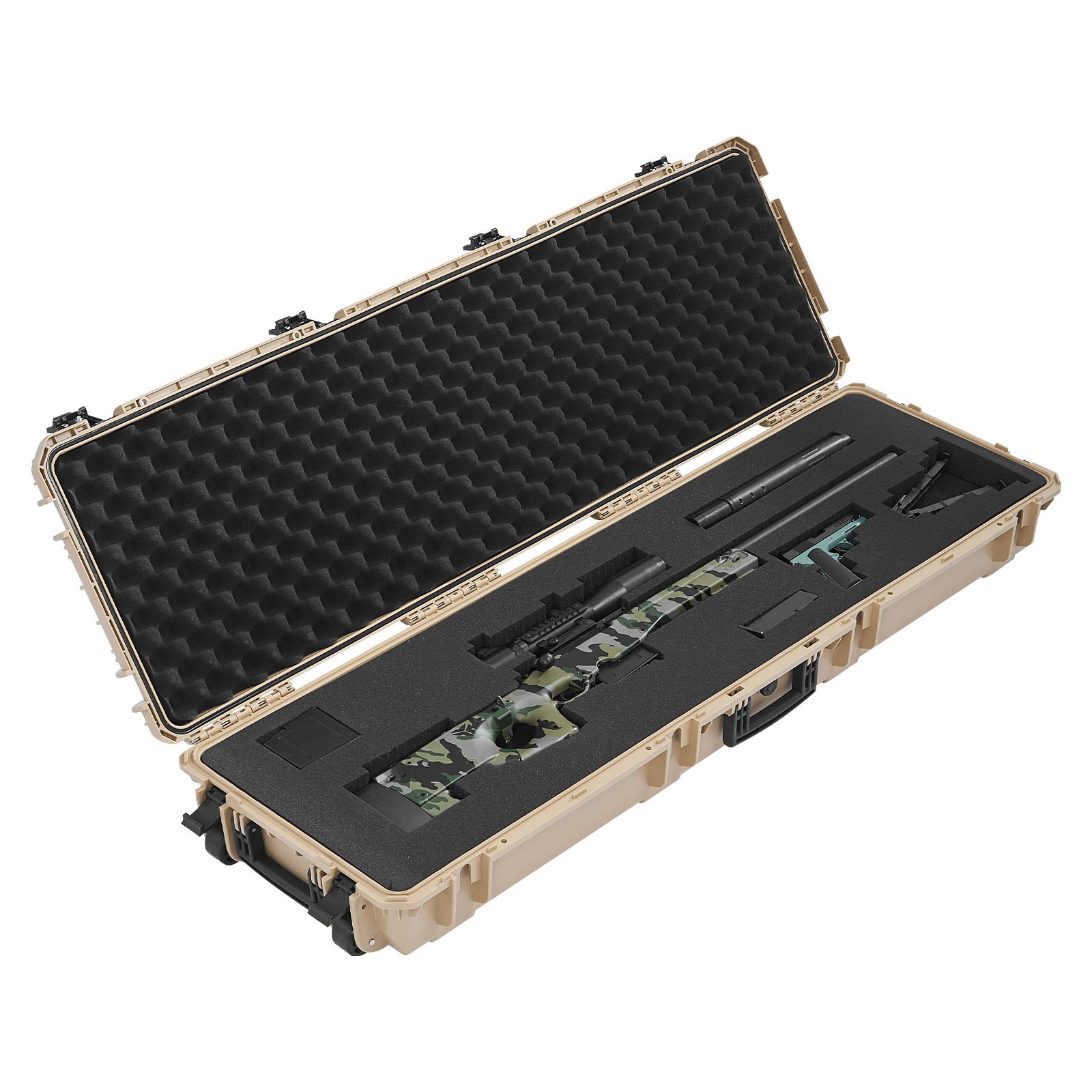 VEVOR Hard Rifle Case, Lockable Rifle Case with Pre-cut Foams, 1320 mm Gun Storage with Wheels, Heavy Duty IP67 Waterproof & Dustproof Pistol Storage Cases for Rifles, Shotguns, Airsoft Guns, Khaki