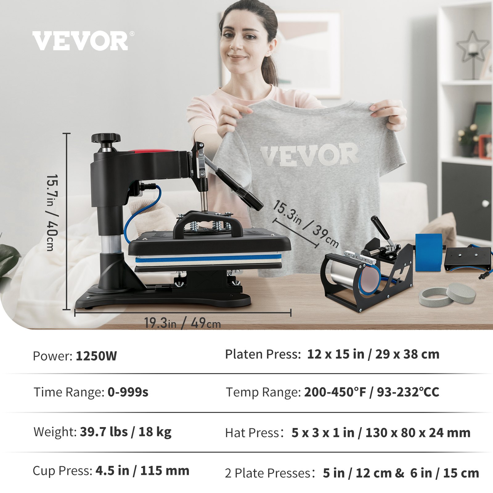 Prasa termotransferowa VEVOR, 5 w 1, drukarka termotransferowa z funkcją sublimacji, format 29 x 38 cm, szybkie nagrzewanie, cyfrowa precyzyjna kontrola temperatury, prasa termotransferowa do winylu