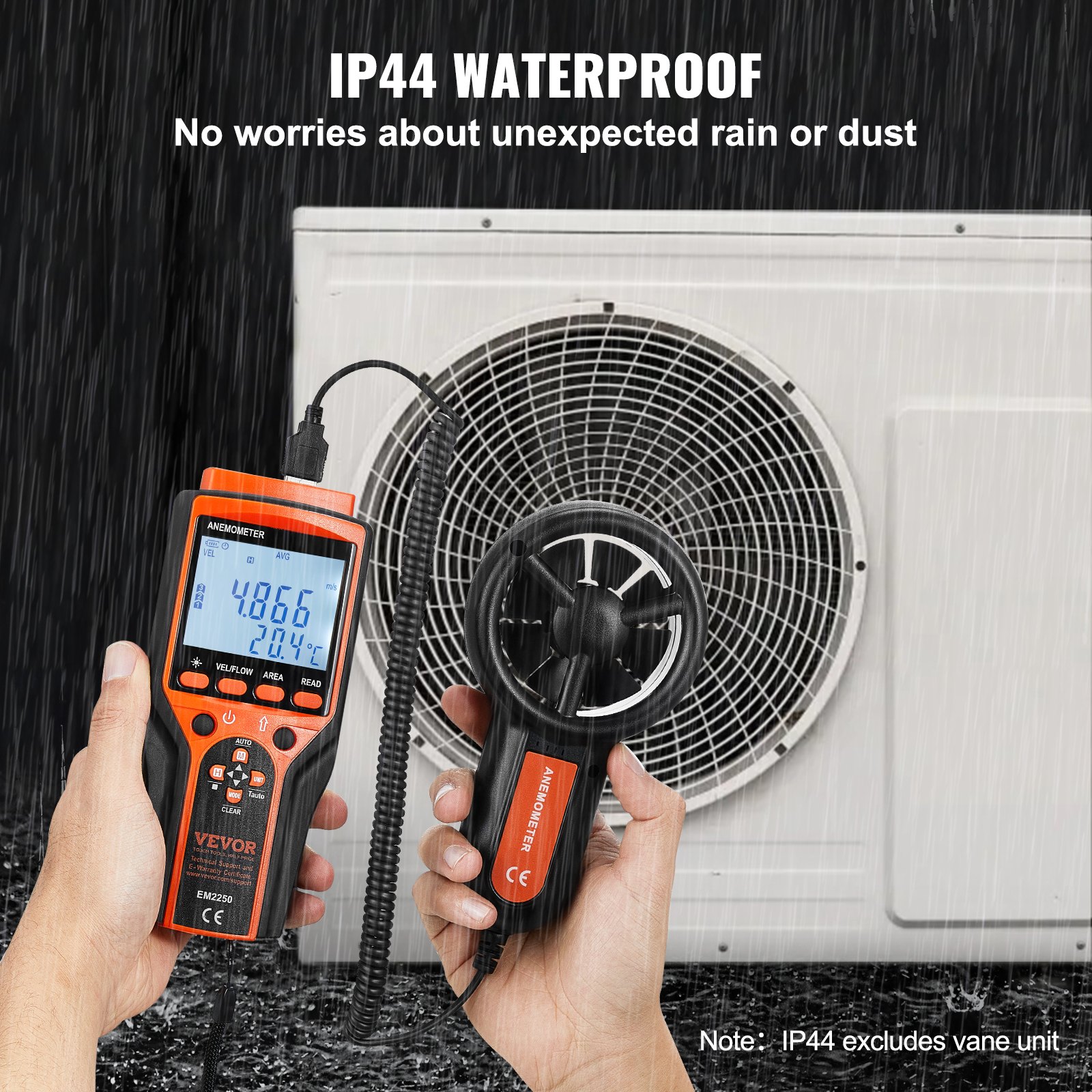 VEVOR 4 w 1 Anemometr 100,8 MPH Miernik prędkości powietrza 168 x 75 x 36 mm Wiatromierz IP44 Anemometr MAX/MIN/AVG/CU Dane prędkości wiatru Przyrząd do pomiaru prędkości